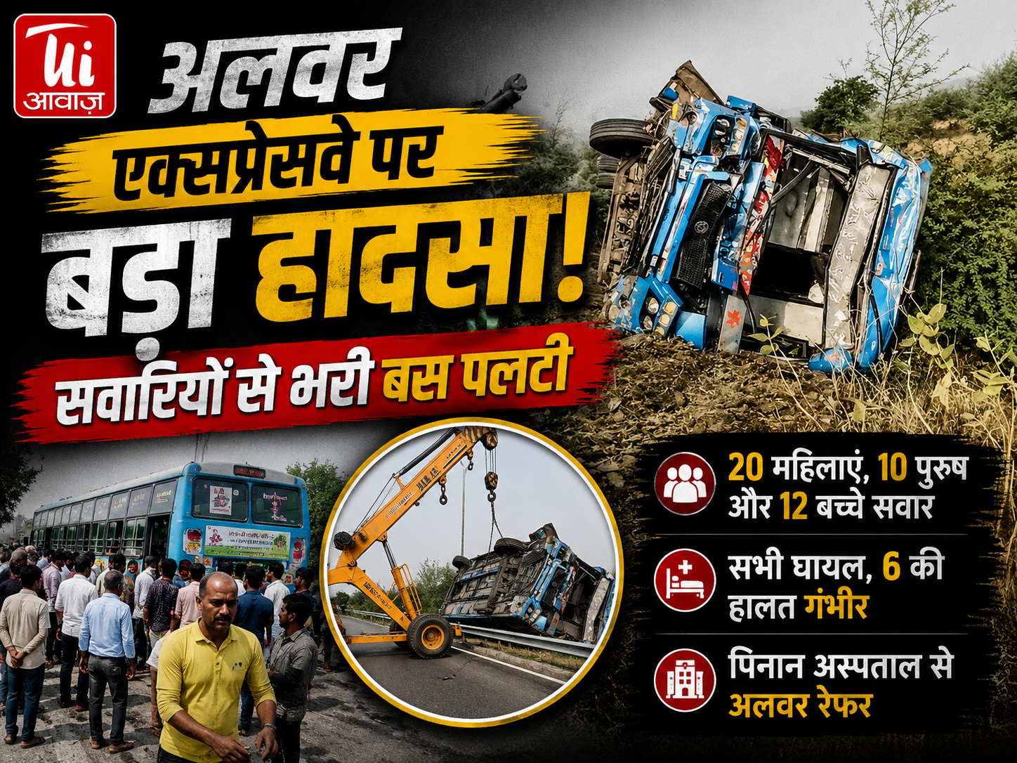 अलवर में दिल्ली-मुंबई एक्सप्रेसवे पर बड़ा हादसा: सवारियों से भरी बस पलटी, 6 की हालत गंभीर