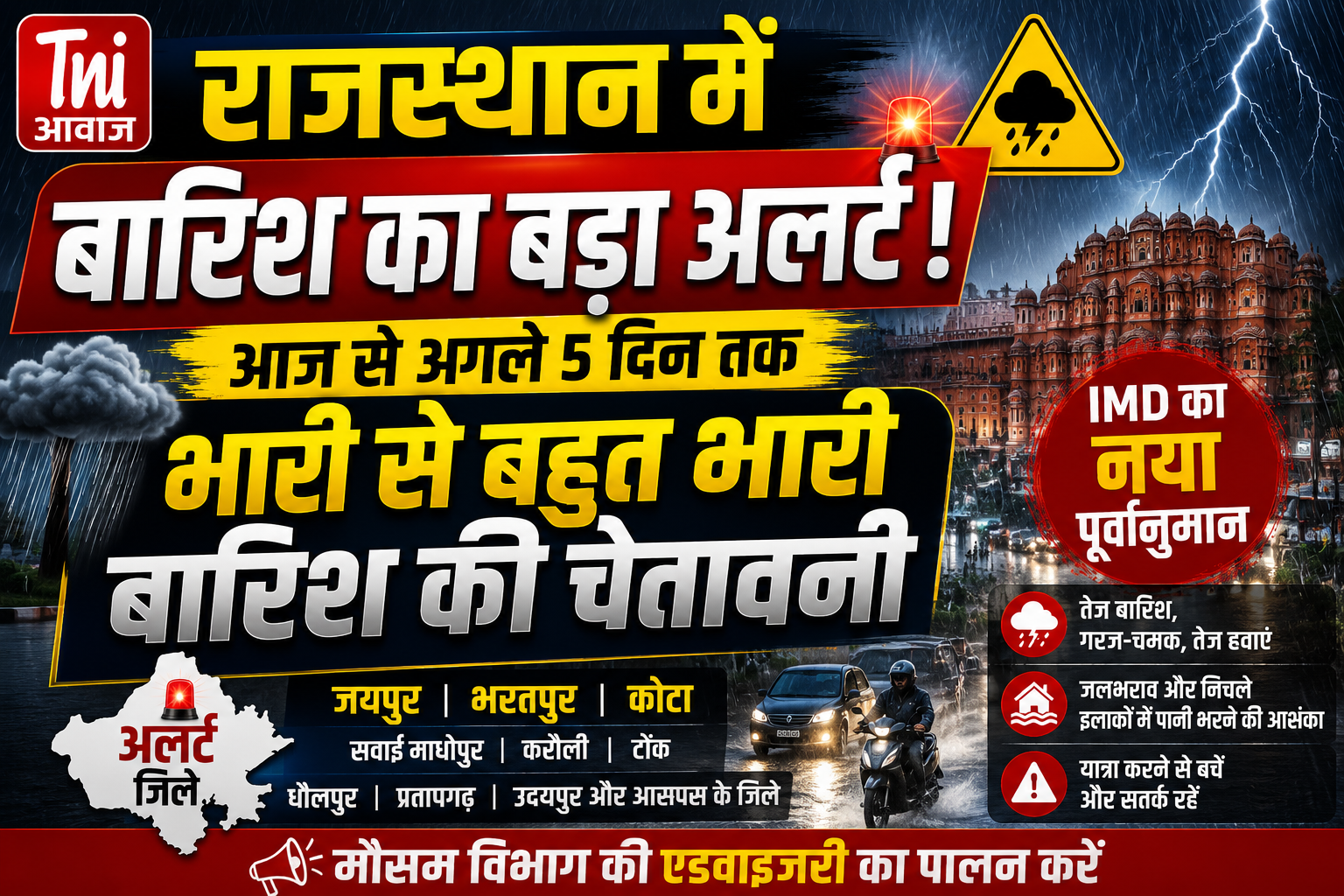 राजस्थान में आज से बारिश का बड़ा अलर्ट, अगले 5 दिन भारी से बहुत भारी बारिश की चेतावनी 