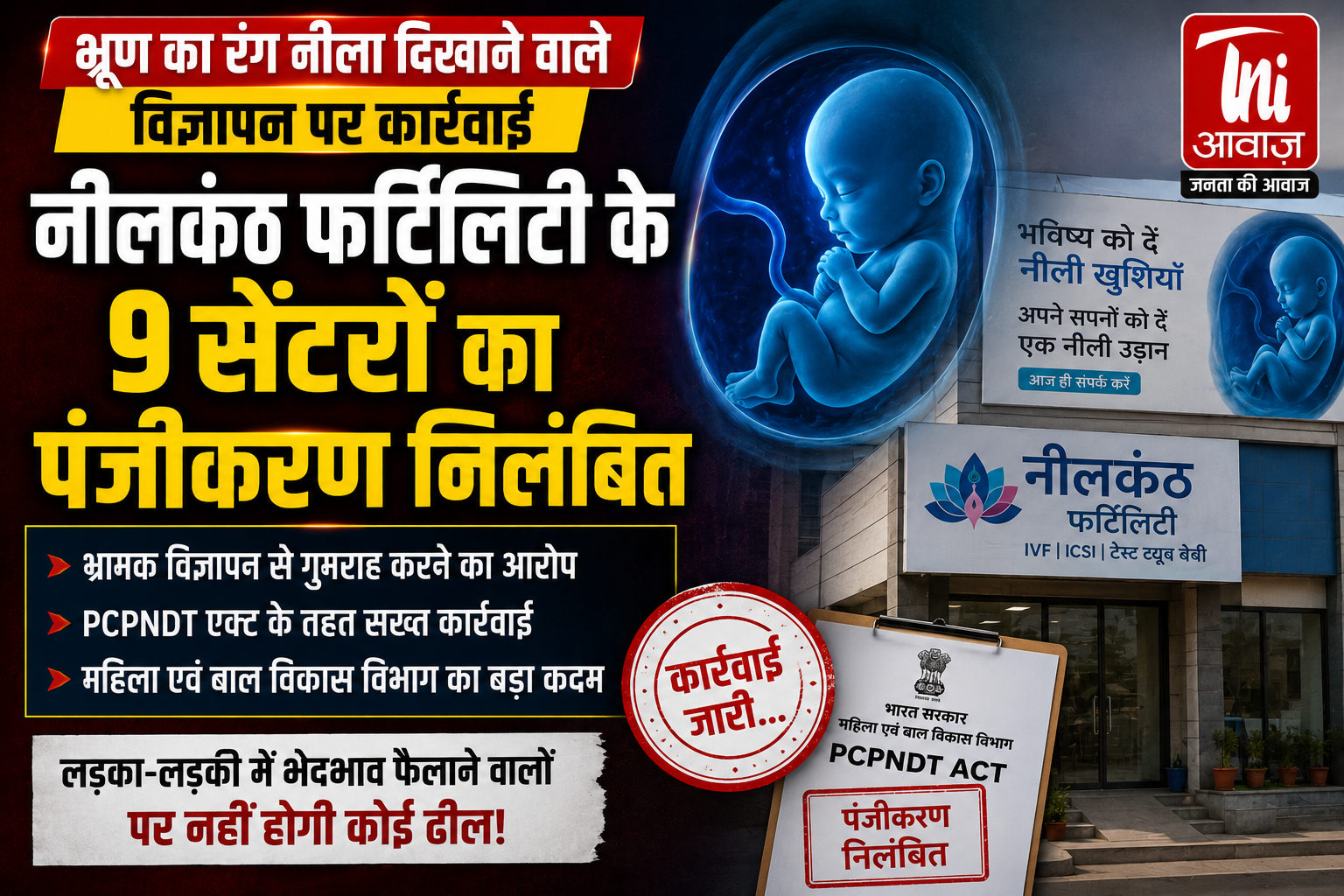 भ्रूण का रंग नीला दिखाने वाले विज्ञापन पर कार्रवाई, नीलकंठ फर्टिलिटी के 9 सेंटरों का पंजीकरण निलंबित
