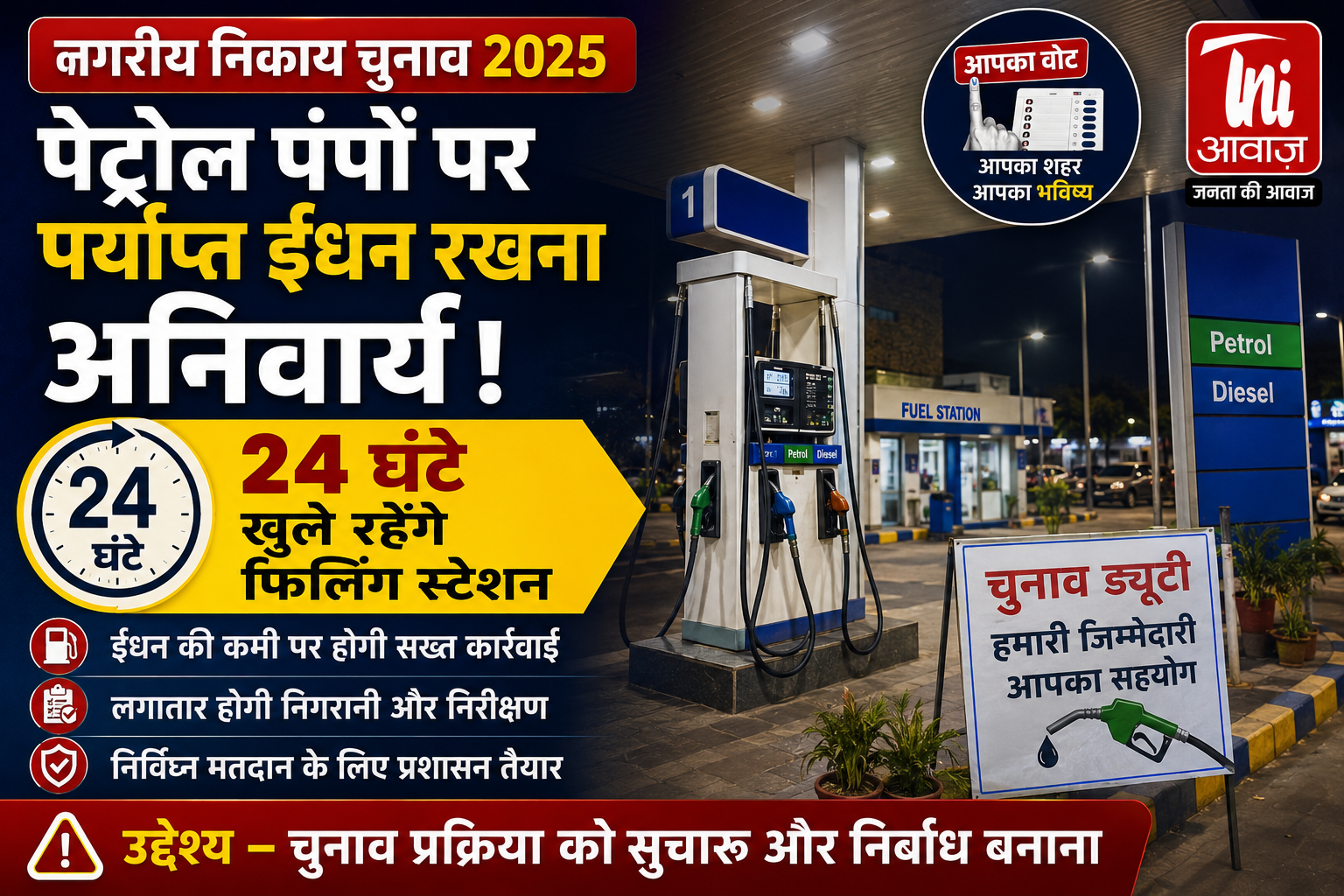 नगरीय निकाय चुनाव: पेट्रोल पंपों पर पर्याप्त ईंधन रखना अनिवार्य, 24 घंटे खुले रहेंगे फिलिंग स्टेशन