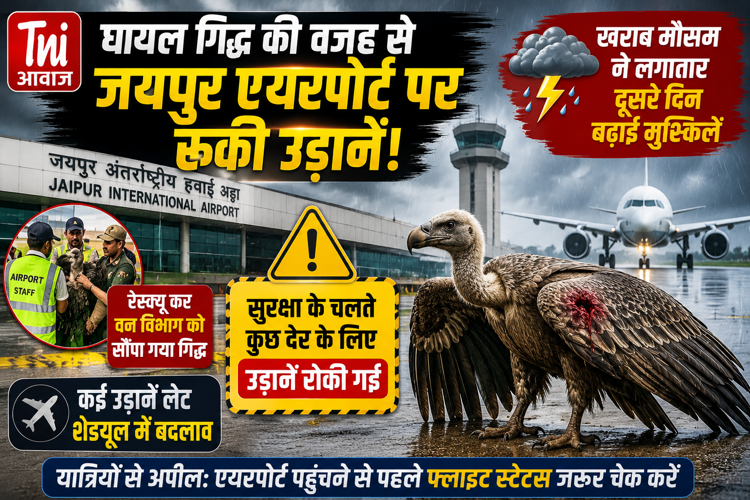जयपुर एयरपोर्ट पर घायल गिद्ध से थमी उड़ानें, खराब मौसम ने बढ़ाई यात्रियों की परेशानी