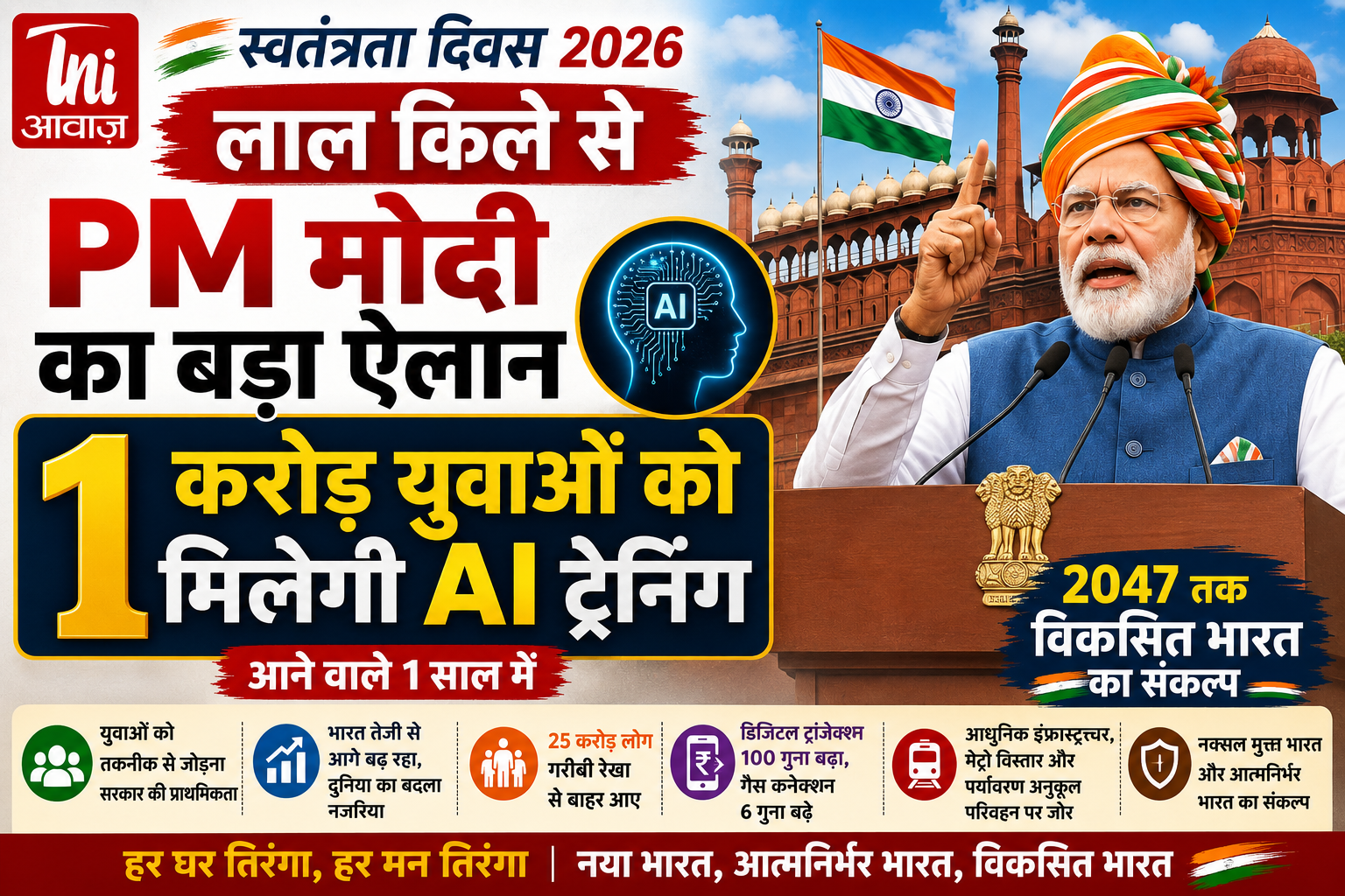 लाल किले से PM मोदी का युवाओं के लिए बड़ा ऐलान, एक साल में 1 करोड़ लोगों को मिलेगी AI ट्रेनिंग
