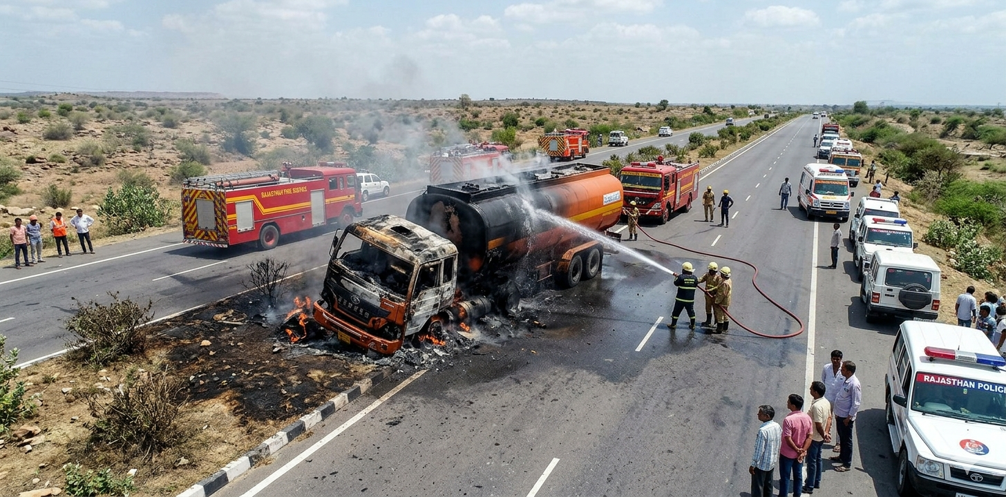 NH-68 पर एथेनॉल टैंकर बना आग का गोला: 200 मीटर तक फैली लपटें, ड्राइवर जिंदा जला