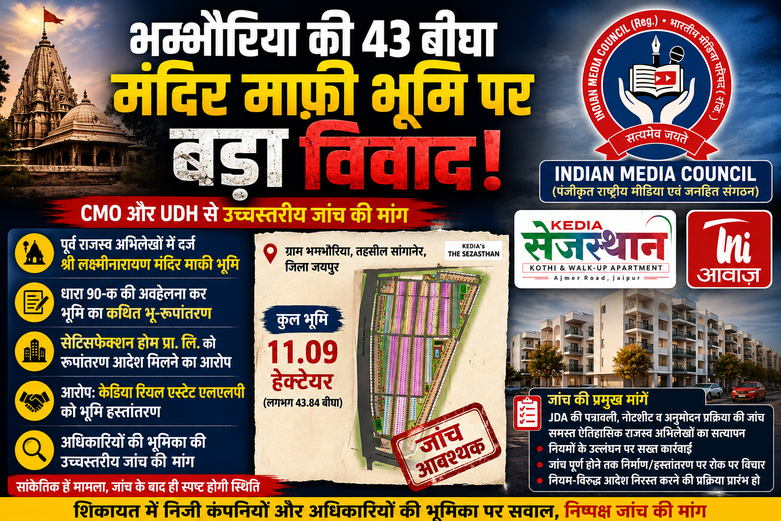 भम्भौरिया की 43.84 बीघा मंदिर माफी भूमि को लेकर विवाद, भारतीय मीडिया काउंसिल ने CMO और यूडीएच से उच्चस्तरीय जांच की मांग