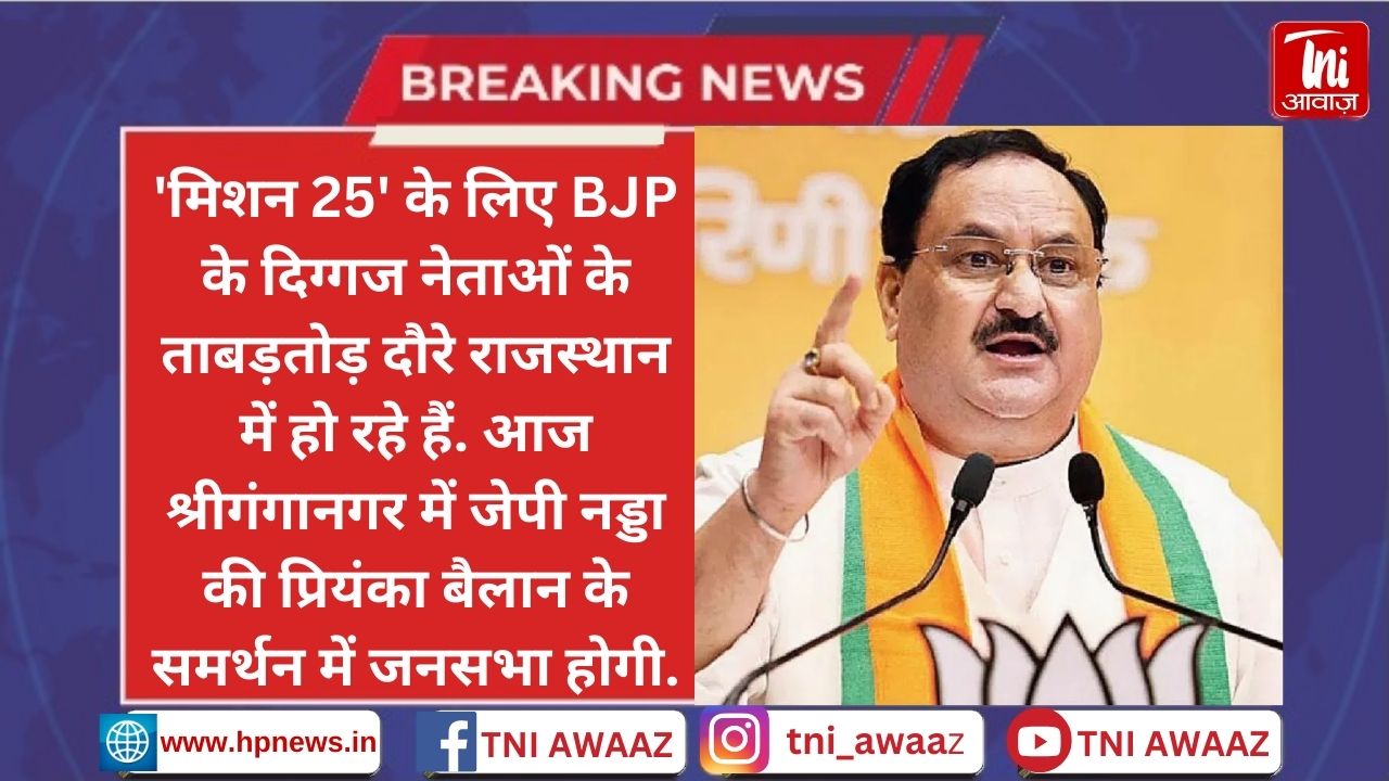 लोकसभा चुनाव 2024: 'मिशन 25' के लिए BJP के दिग्गज नेताओं के ताबड़तोड़ दौरे, आज श्रीगंगानगर में जेपी नड्डा की प्रियंका बैलान के समर्थन में सभा