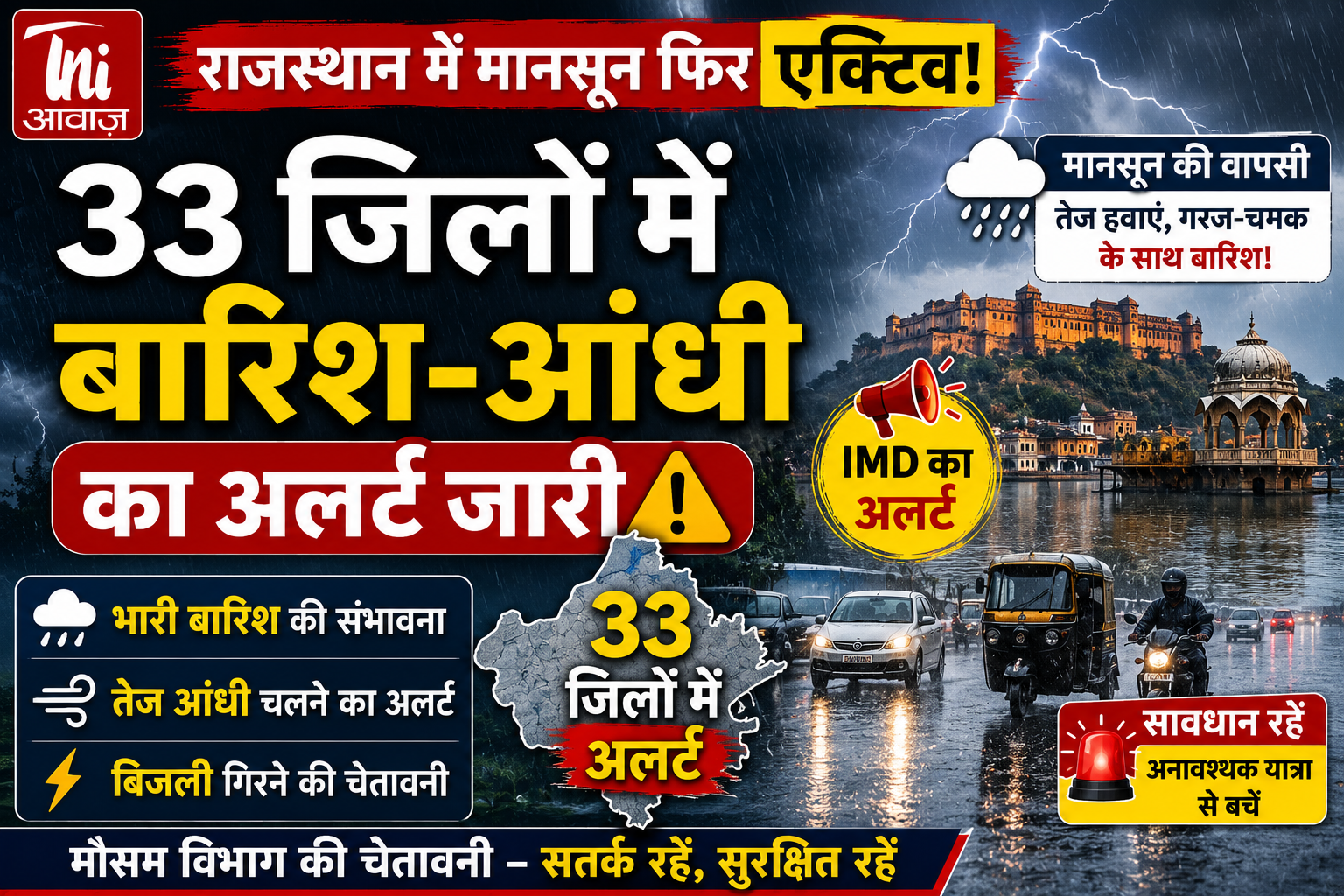 राजस्थान में मानसून फिर एक्टिव, 33 जिलों में बारिश-आंधी का अलर्ट जारी
