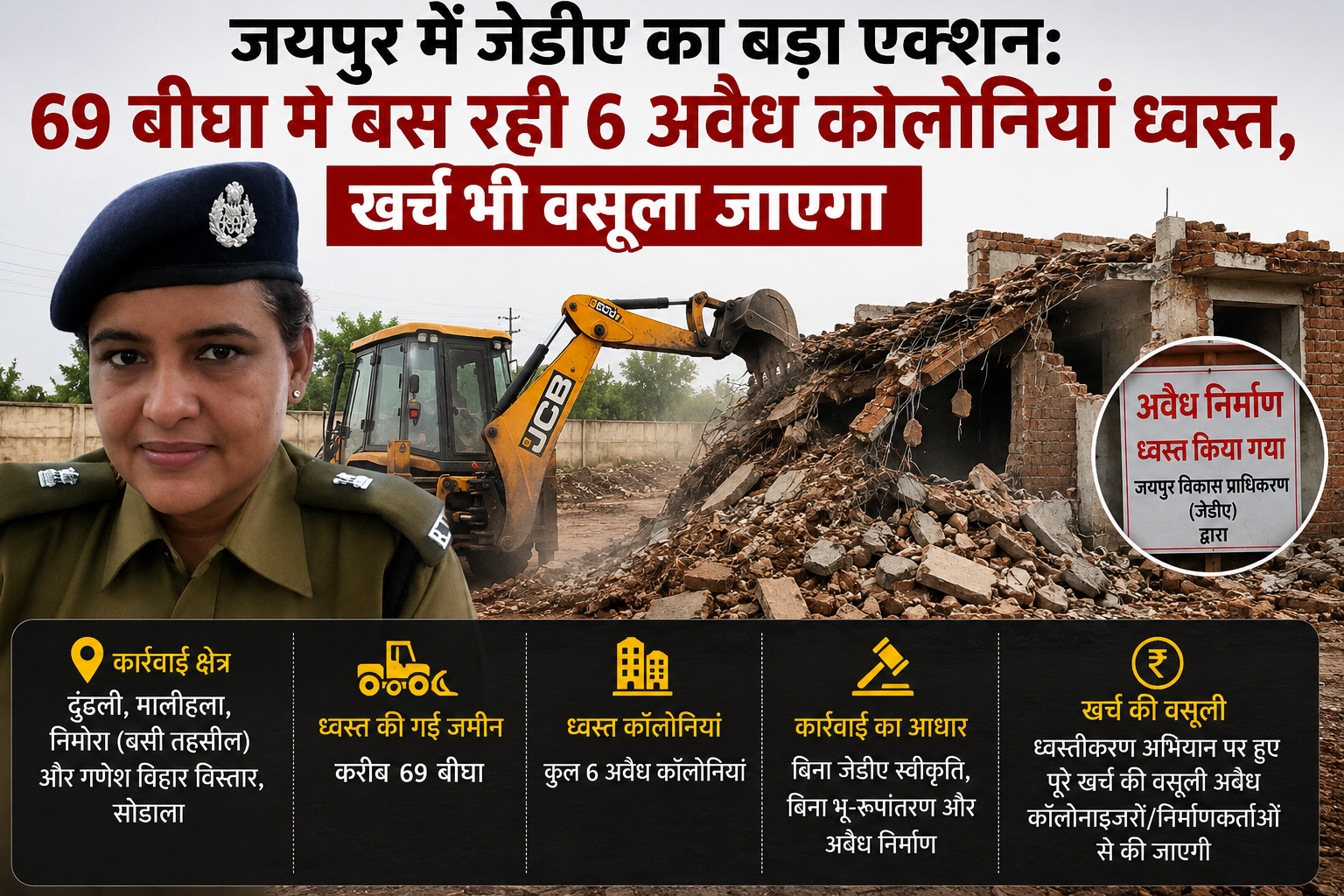 जयपुर में जेडीए का बड़ा एक्शन: 69 बीघा में बस रही 6 अवैध कॉलोनियां ध्वस्त, खर्च भी वसूला जाएगा