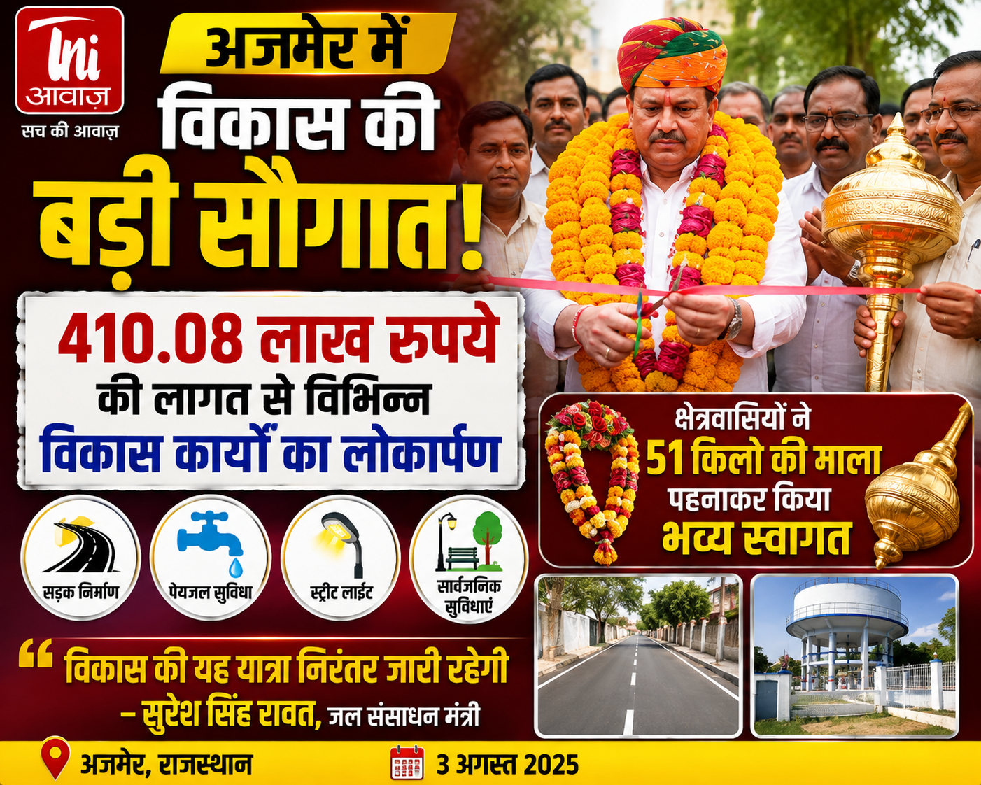 अजमेर को 4.10 करोड़ रुपये के विकास कार्यों की सौगात, जल संसाधन मंत्री सुरेश सिंह रावत ने किया लोकार्पण 