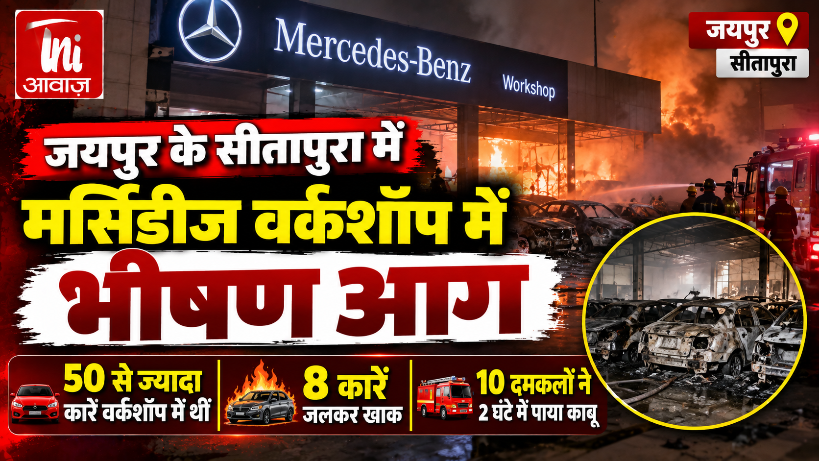 जयपुर के सीतापुरा में मर्सिडीज वर्कशॉप में भीषण आग, 8 कारें जलकर खाक; 10 दमकलों ने 2 घंटे में पाया काबू