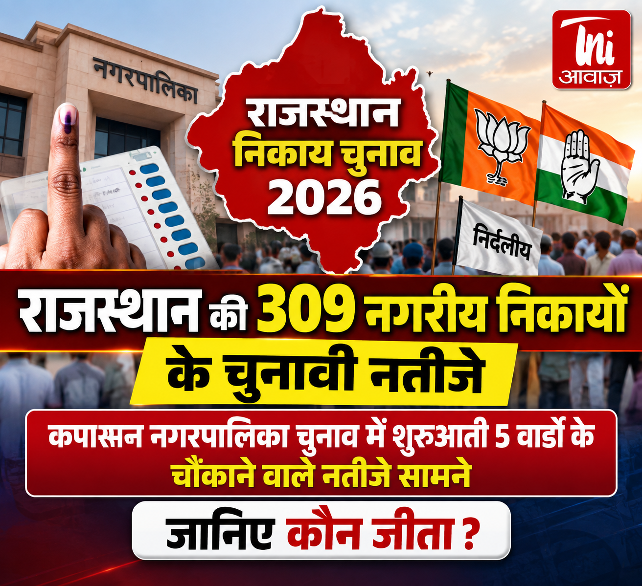 राजस्थान निकाय चुनाव 2026: 309 नगरीय निकायों की मतगणना जारी, शुरुआती नतीजों में कहीं कांग्रेस तो कहीं BJP का दबदबा; कपासन में 1 वोट से जीती भाजपा प्रत्याशी
