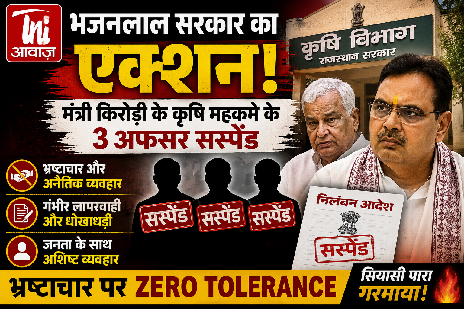 भजनलाल सरकार का बड़ा एक्शन: कृषि विभाग के 3 अधिकारी सस्पेंड 