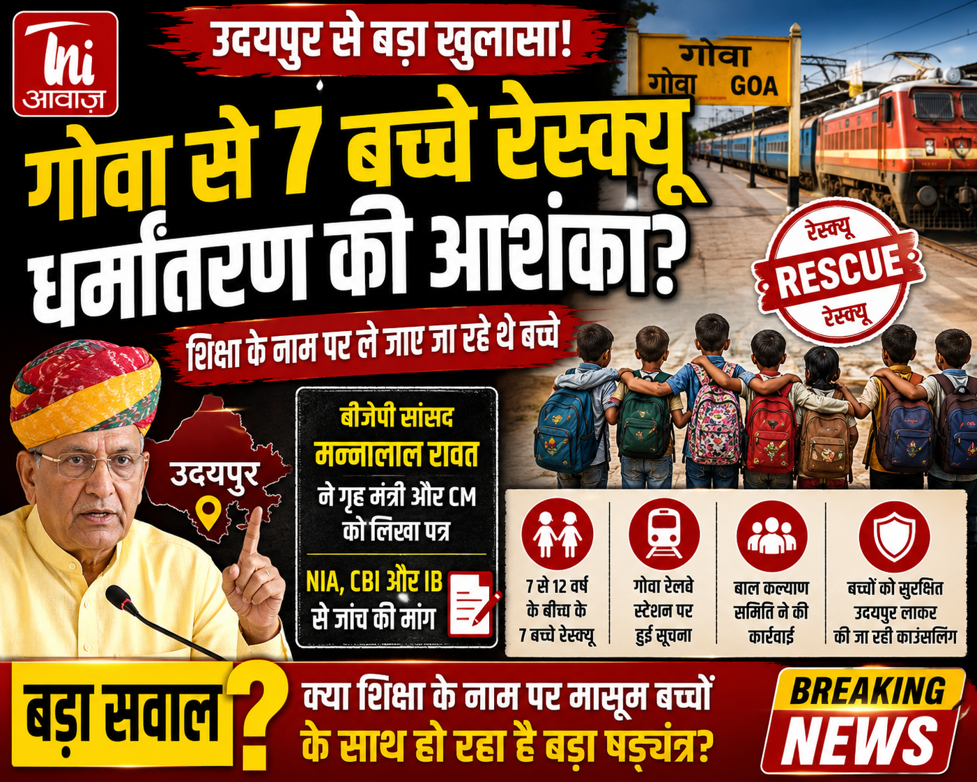 उदयपुर के 7 बच्चे गोवा से रेस्क्यू, शिक्षा के नाम पर बाहर ले जाने का मामला; धर्मांतरण की आशंका पर जांच की मांग 