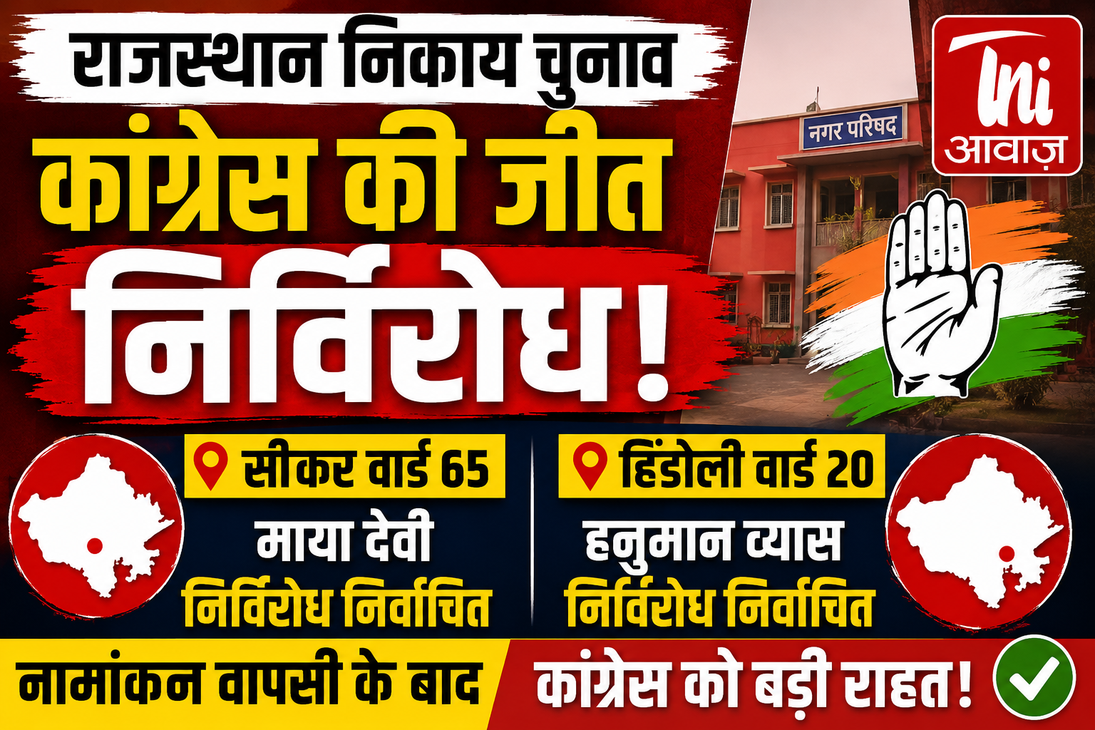 राजस्थान निकाय चुनाव: सीकर और हिंडोली में कांग्रेस की निर्विरोध जीत, जानिए किसने वापस लिए नामांकन