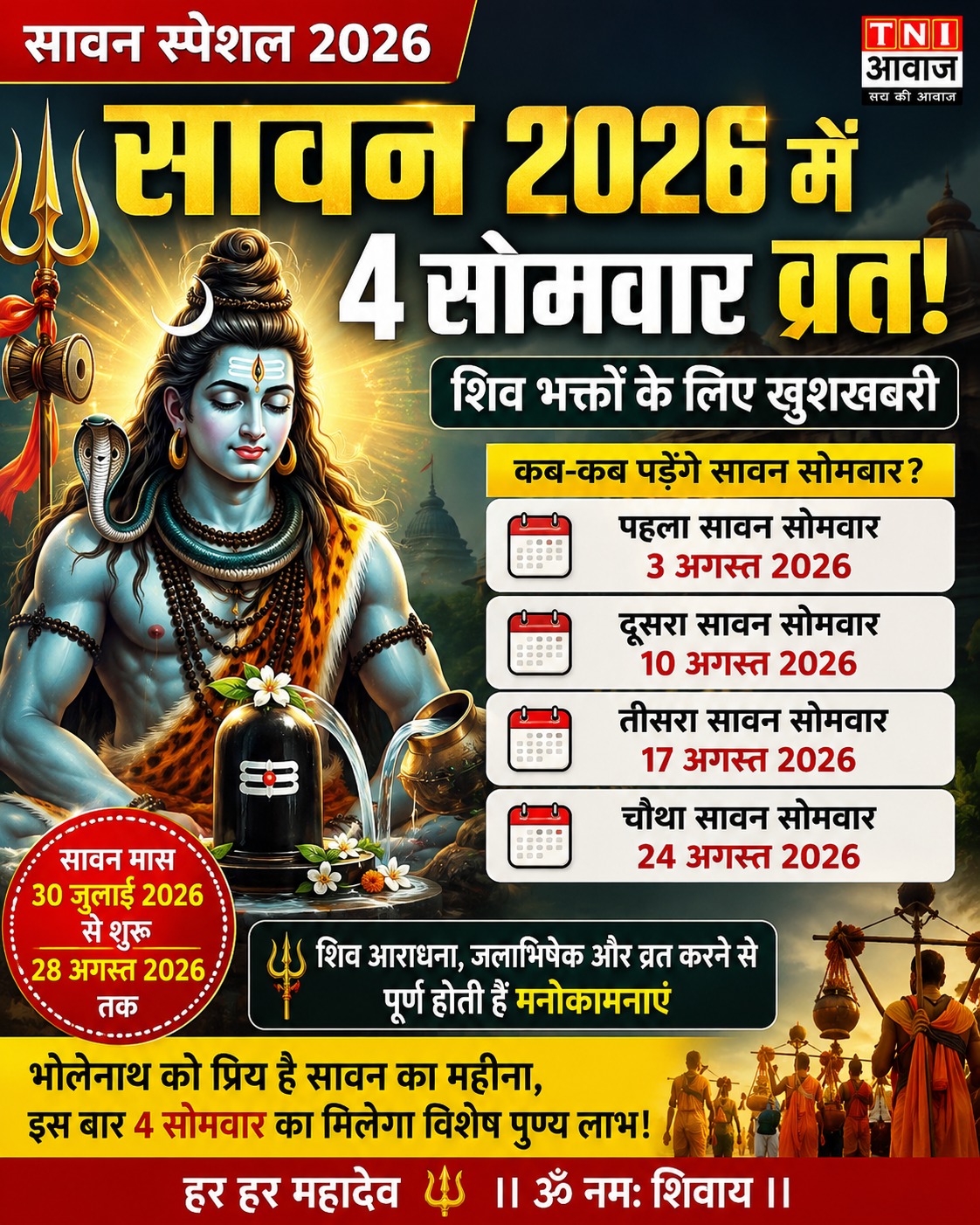 सावन 2026: 3 अगस्त से शुरू होंगे 4 सावन सोमवार, जानें पूरी तारीखें