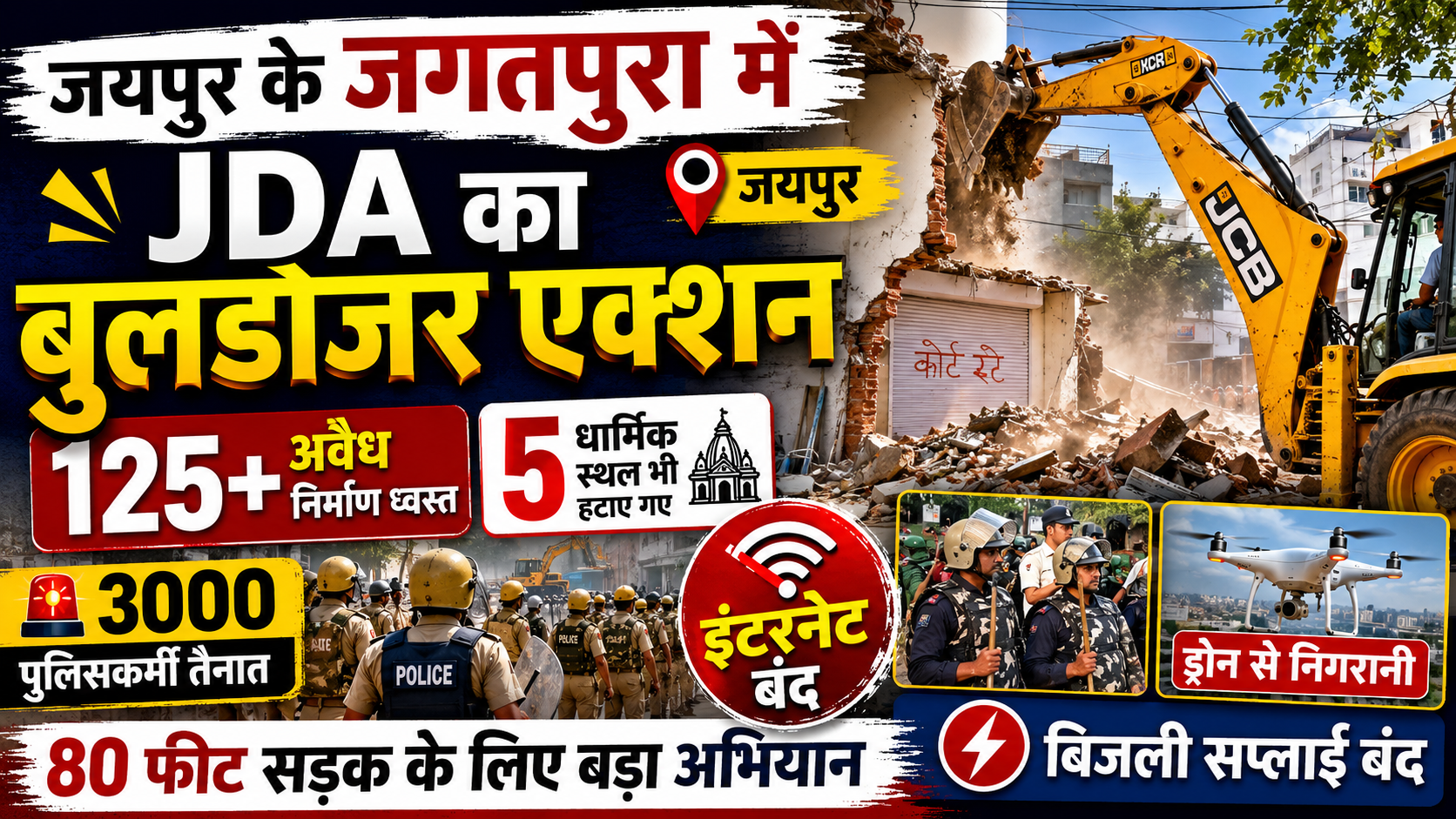 जगतपुरा में JDA का बड़ा अतिक्रमण हटाओ अभियान: 125 से अधिक निर्माण ध्वस्त, 5 धार्मिक स्थल भी हटाए गए
