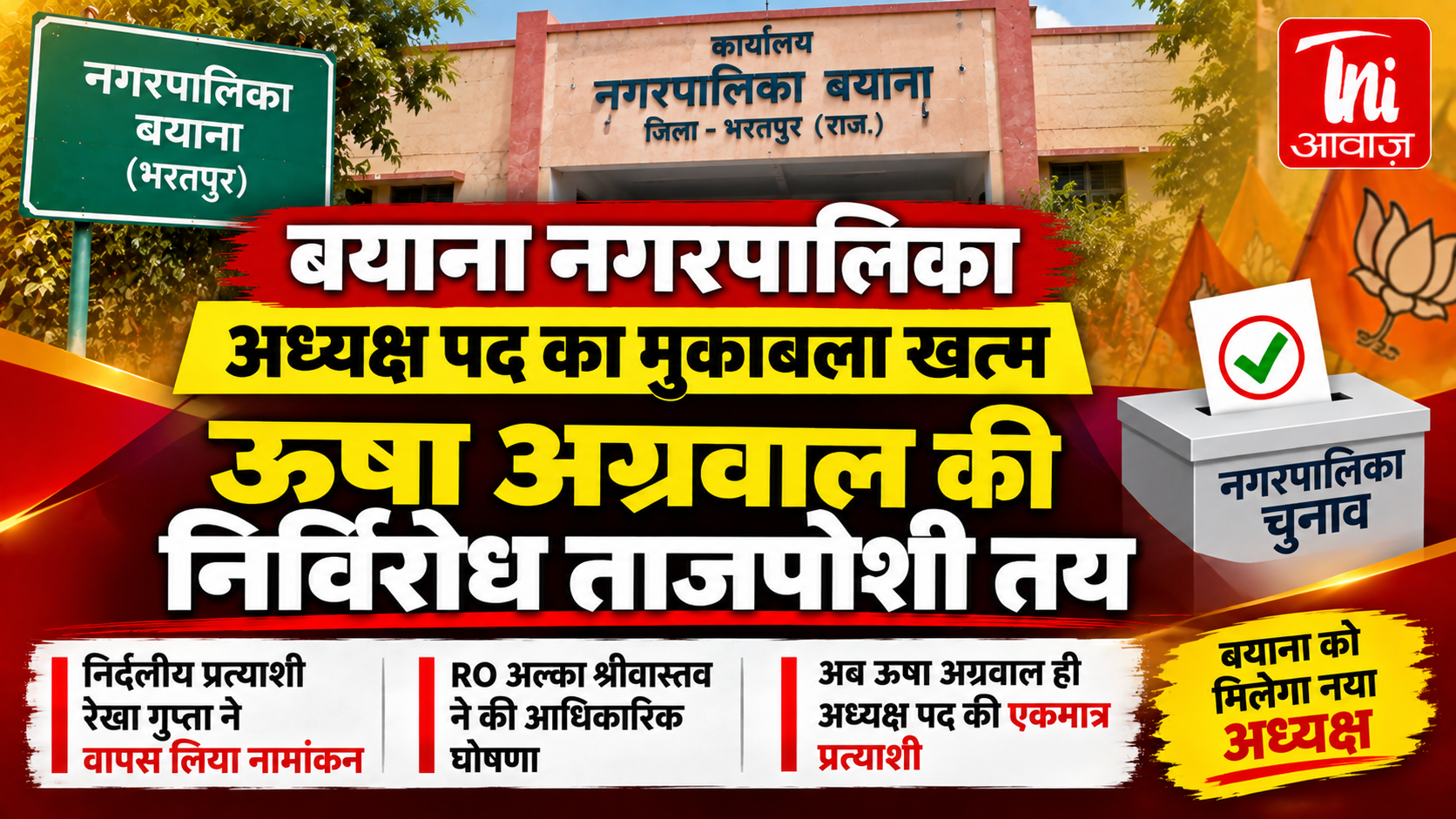 बयाना नगरपालिका अध्यक्ष पद का मुकाबला खत्म, ऊषा अग्रवाल की निर्विरोध ताजपोशी तय