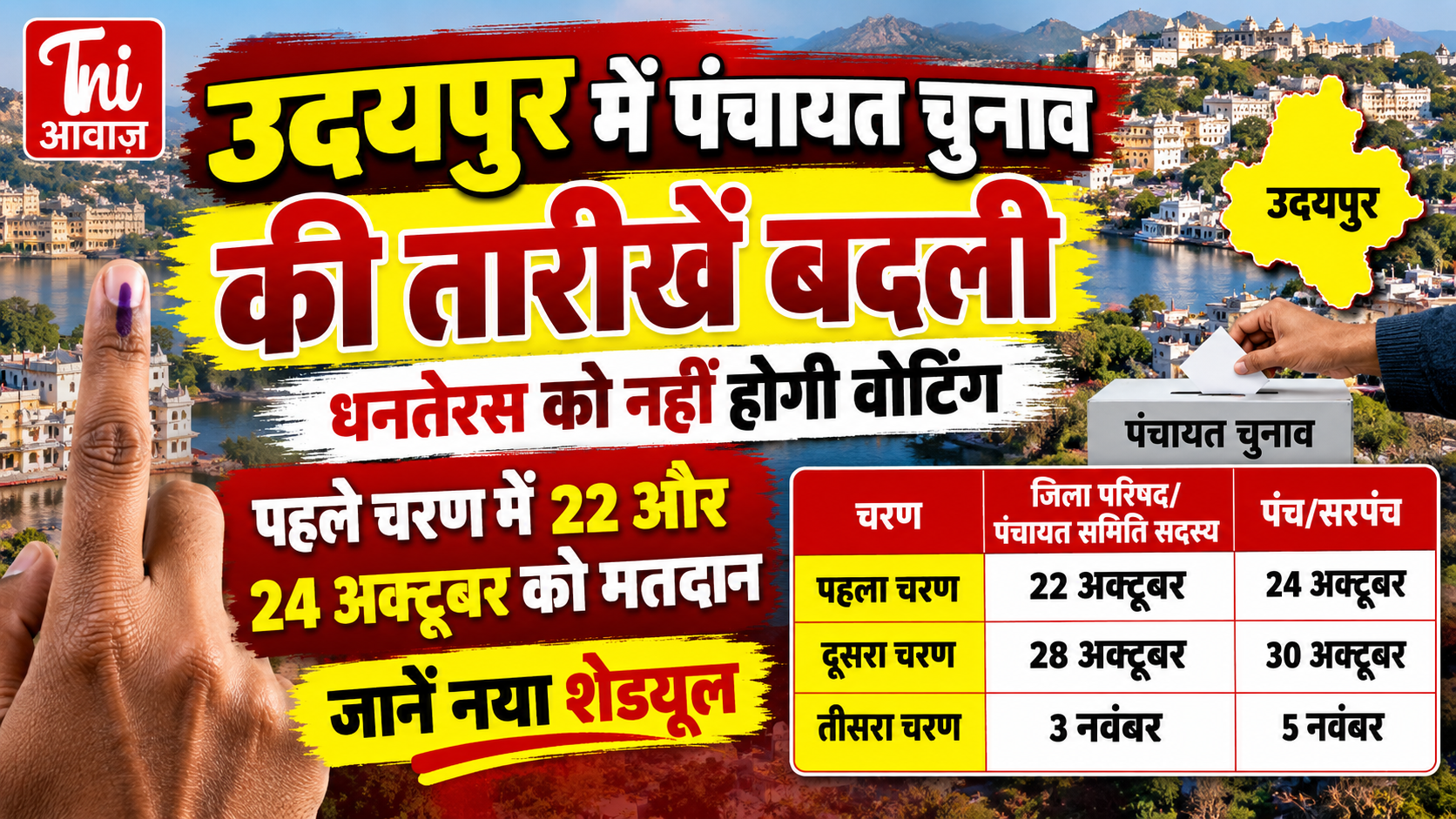 उदयपुर में पंचायत चुनाव की तारीखें बदलीं: धनतेरस को नहीं होगी वोटिंग, पहले चरण में 22 और 24 अक्टूबर को मतदान