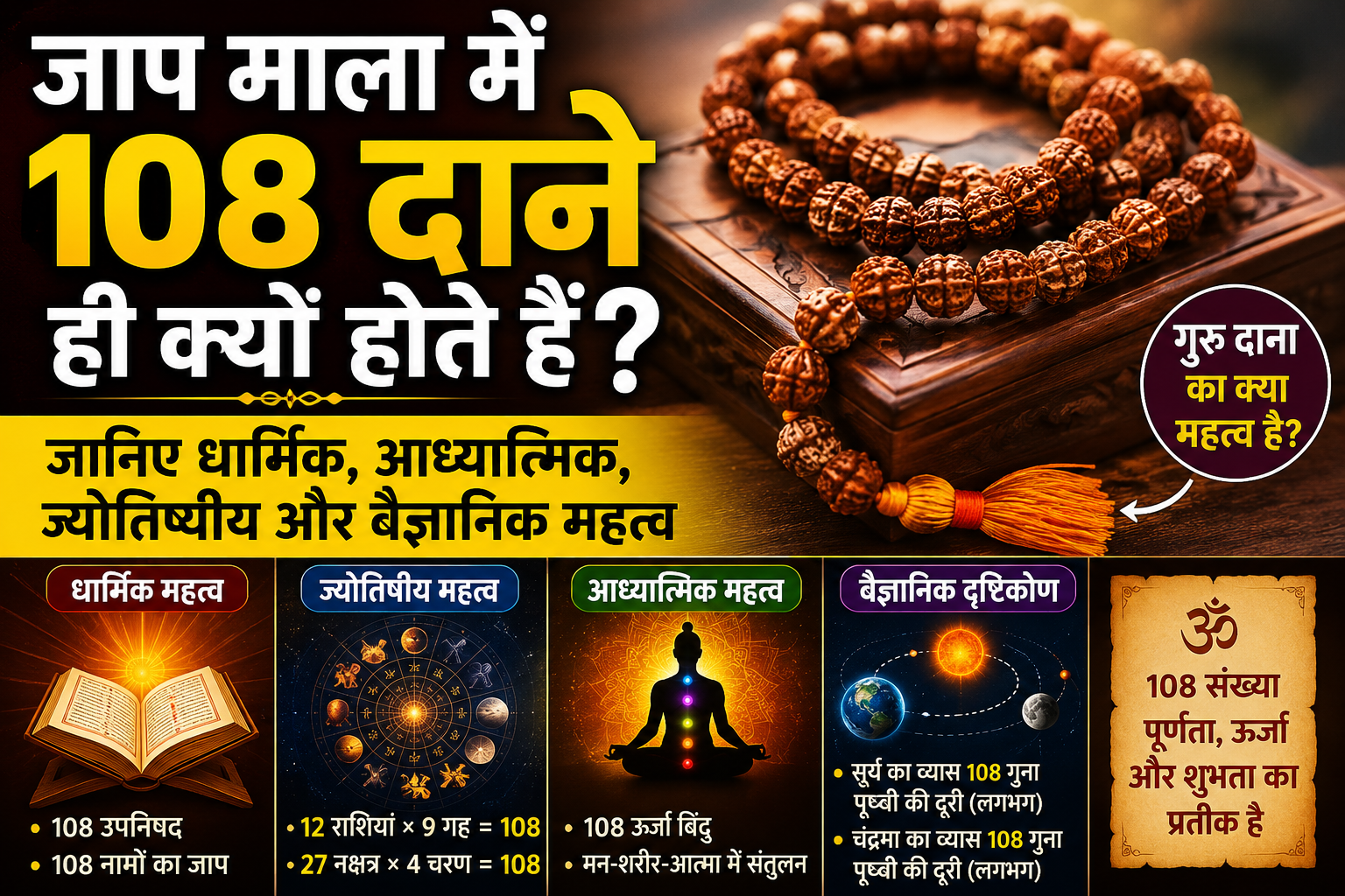 जाप माला में 108 दाने ही क्यों होते हैं? जानिए धार्मिक, आध्यात्मिक, ज्योतिषीय और वैज्ञानिक महत्व