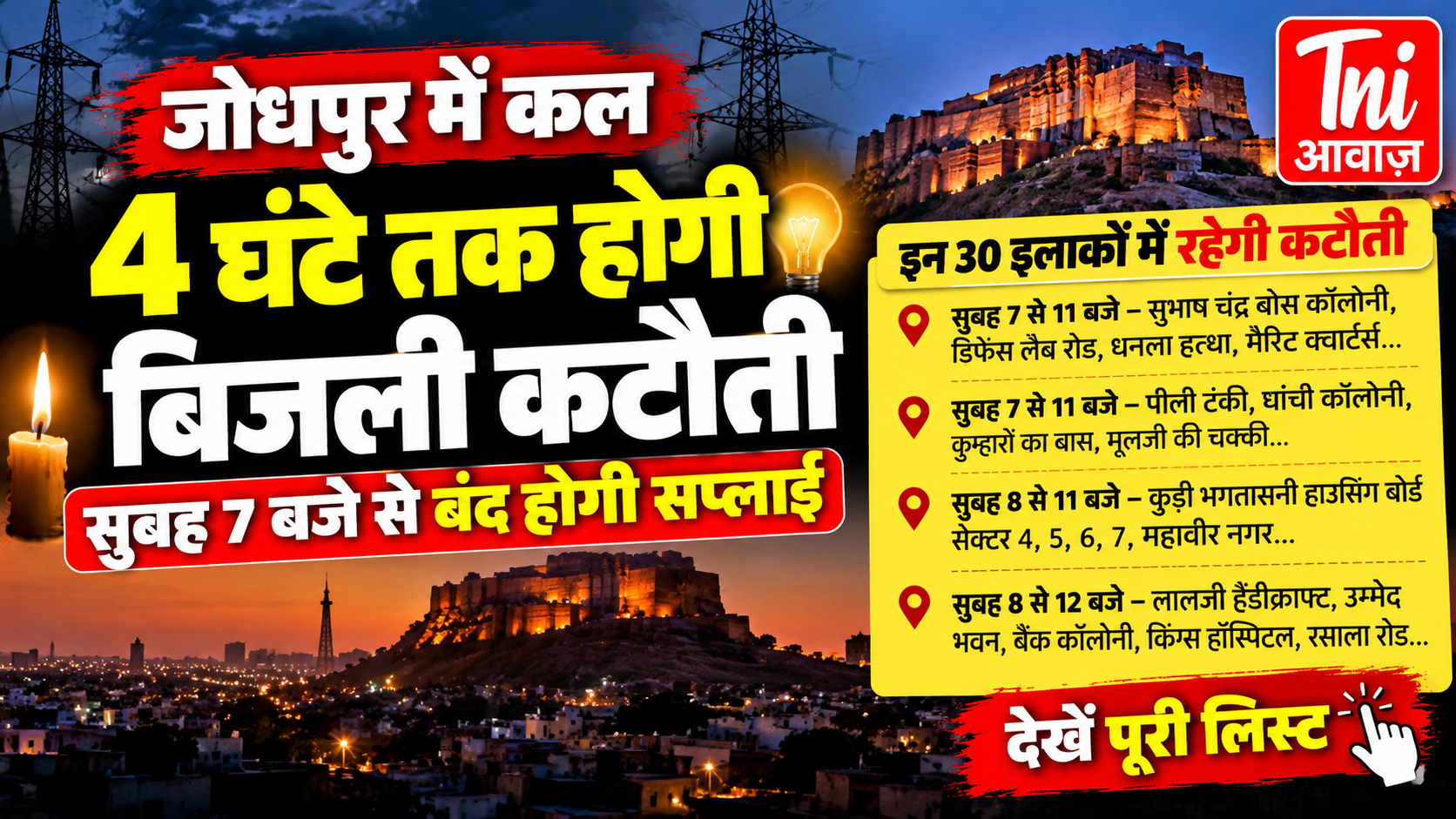 जोधपुर में गुरुवार को 4 घंटे तक बिजली कटौती, सुबह 7 बजे से बंद रहेगी सप्लाई; 30 इलाके होंगे प्रभावित