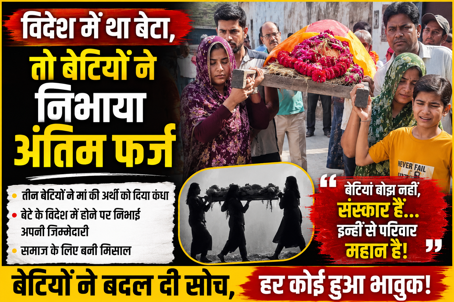 विदेश में था बेटा, तो बेटियों ने निभाया अंतिम फर्ज: मां की अर्थी को दिया कंधा, किया अंतिम संस्कार