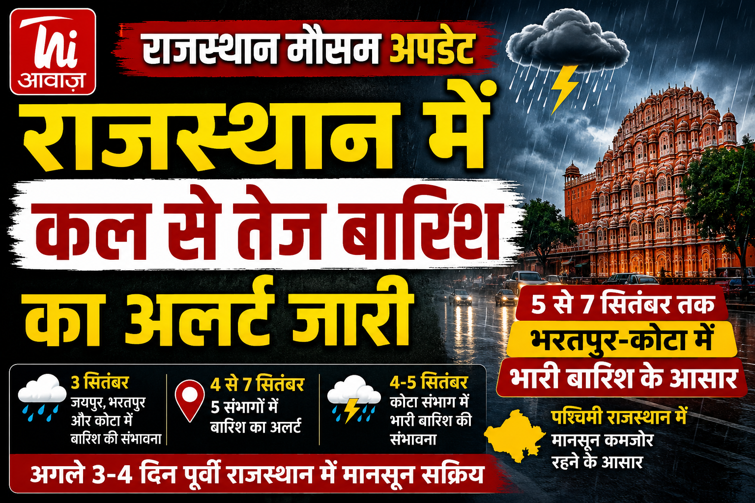 राजस्थान में कल से तेज बारिश का अलर्ट, 5 से 7 सितंबर तक भरतपुर-कोटा में भारी बारिश के आसार
