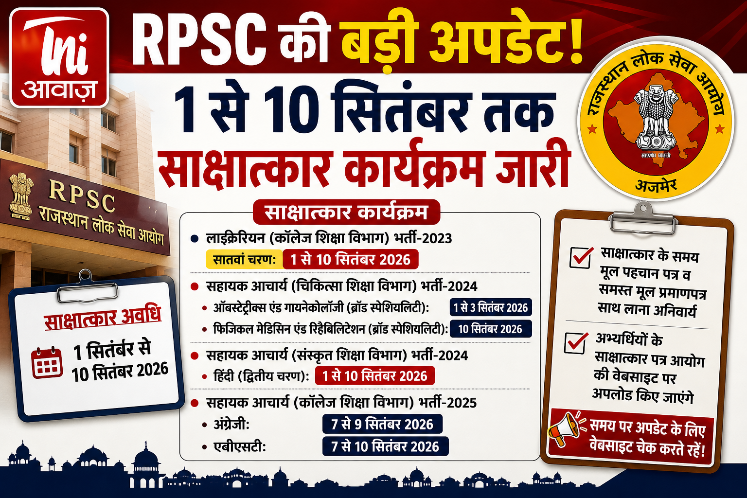 RPSC ने जारी किया 1 से 10 सितंबर तक का साक्षात्कार कार्यक्रम, विभिन्न पदों के लिए इंटरव्यू होंगे