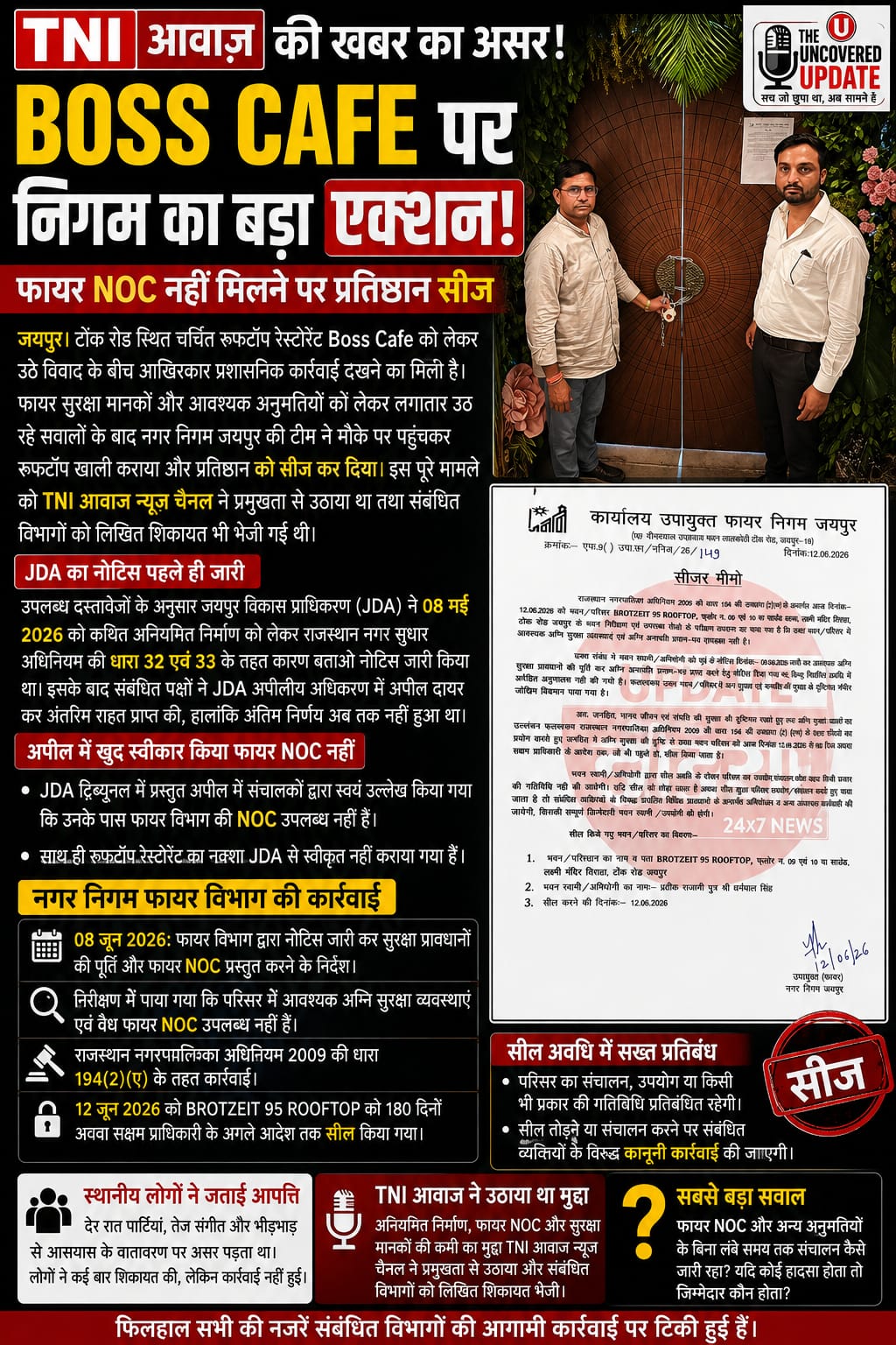 TNI आवाज की खबर का असर: Boss Cafe पर निगम का बड़ा एक्शन, फायर NOC नहीं मिलने पर प्रतिष्ठान सीज,JDA नोटिस, फायर NOC का अभाव और सुरक्षा मानकों में कमी के बाद 180 दिनों के लिए सील किया गया प्रतिष्ठान