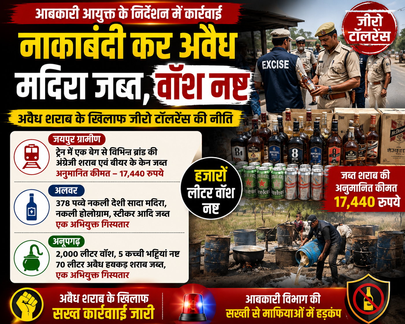 अवैध शराब के खिलाफ आबकारी विभाग की बड़ी कार्रवाई, हजारों लीटर वॉश नष्ट