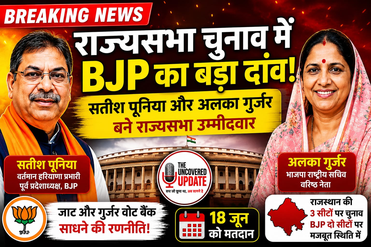 राजस्थान राज्यसभा चुनाव: बीजेपी ने सतीश पूनिया और अलका गुर्जर पर जताया भरोसा, जाट-गुर्जर समीकरण साधने की कोशिश
