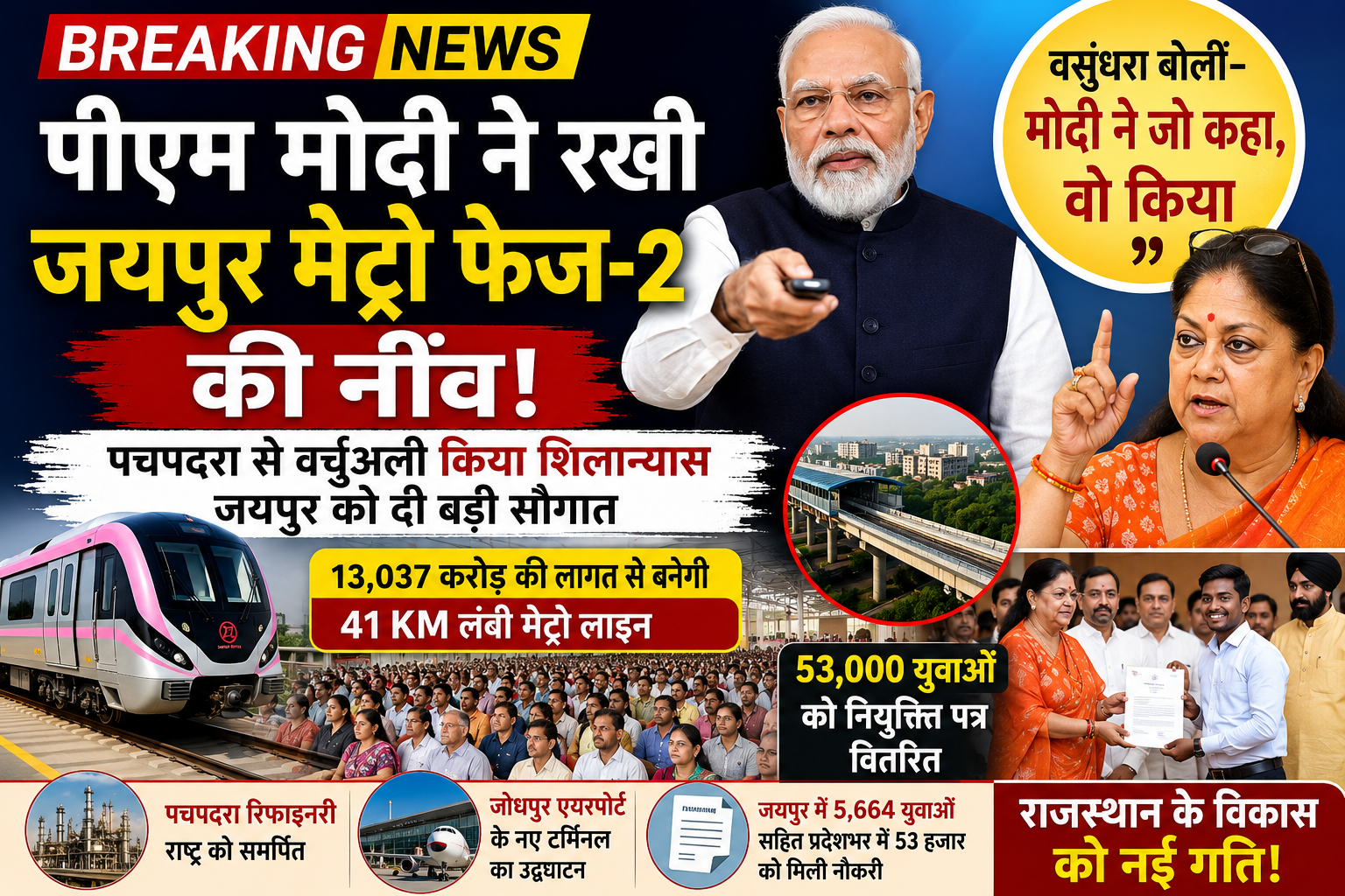 पीएम मोदी ने जयपुर मेट्रो फेज-2 की रखी नींव, 53 हजार युवाओं को मिली सरकारी नौकरी की सौगात