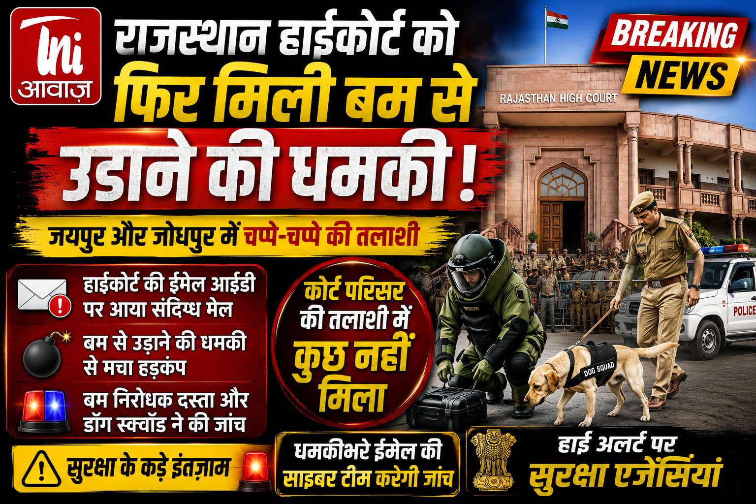 राजस्थान हाईकोर्ट को फिर मिली बम से उड़ाने की धमकी, जयपुर-जोधपुर में मचा हड़कंप