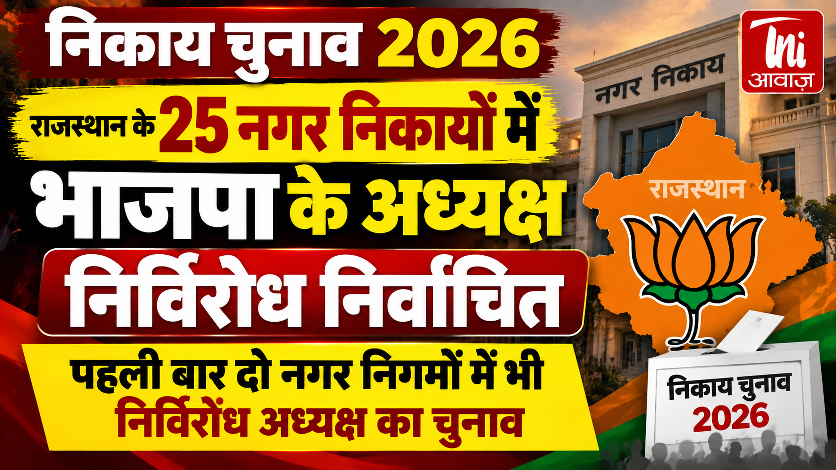 राजस्थान निकाय चुनाव 2026: 25 नगर निकायों में भाजपा के अध्यक्ष निर्विरोध निर्वाचित, दो नगर निगम भी शामिल