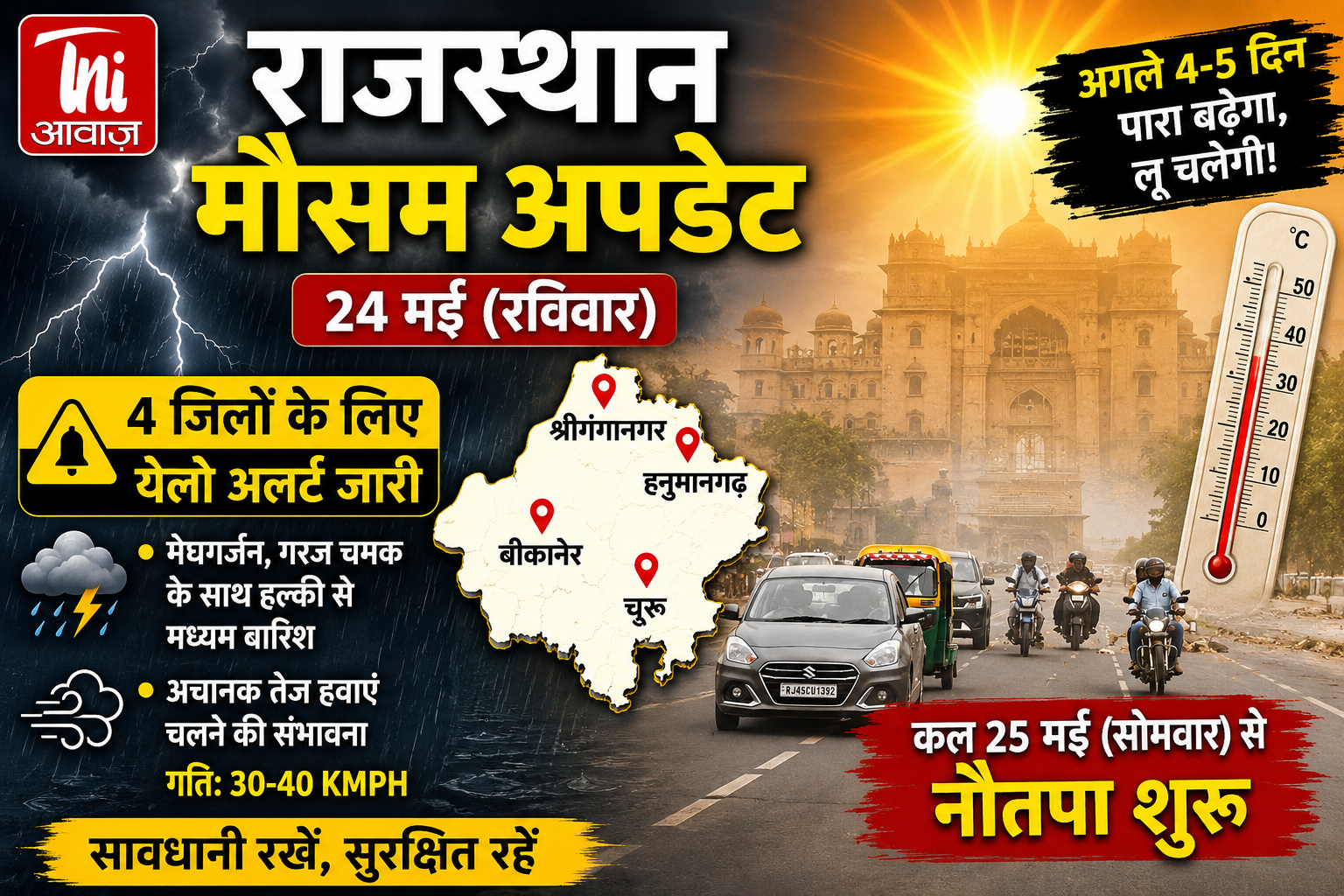 राजस्थान मौसम अपडेट: 4 जिलों में बारिश और तेज हवाओं का अलर्ट, कल से शुरू होगा नौतपा