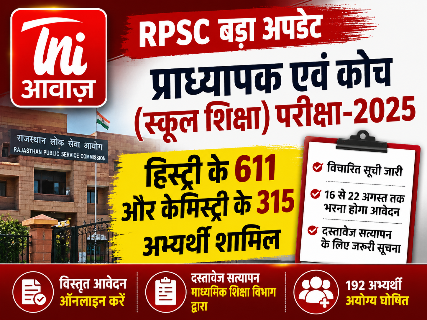 RPSC प्राध्यापक एवं कोच परीक्षा-2025: हिस्ट्री और केमिस्ट्री की विचारित सूची जारी