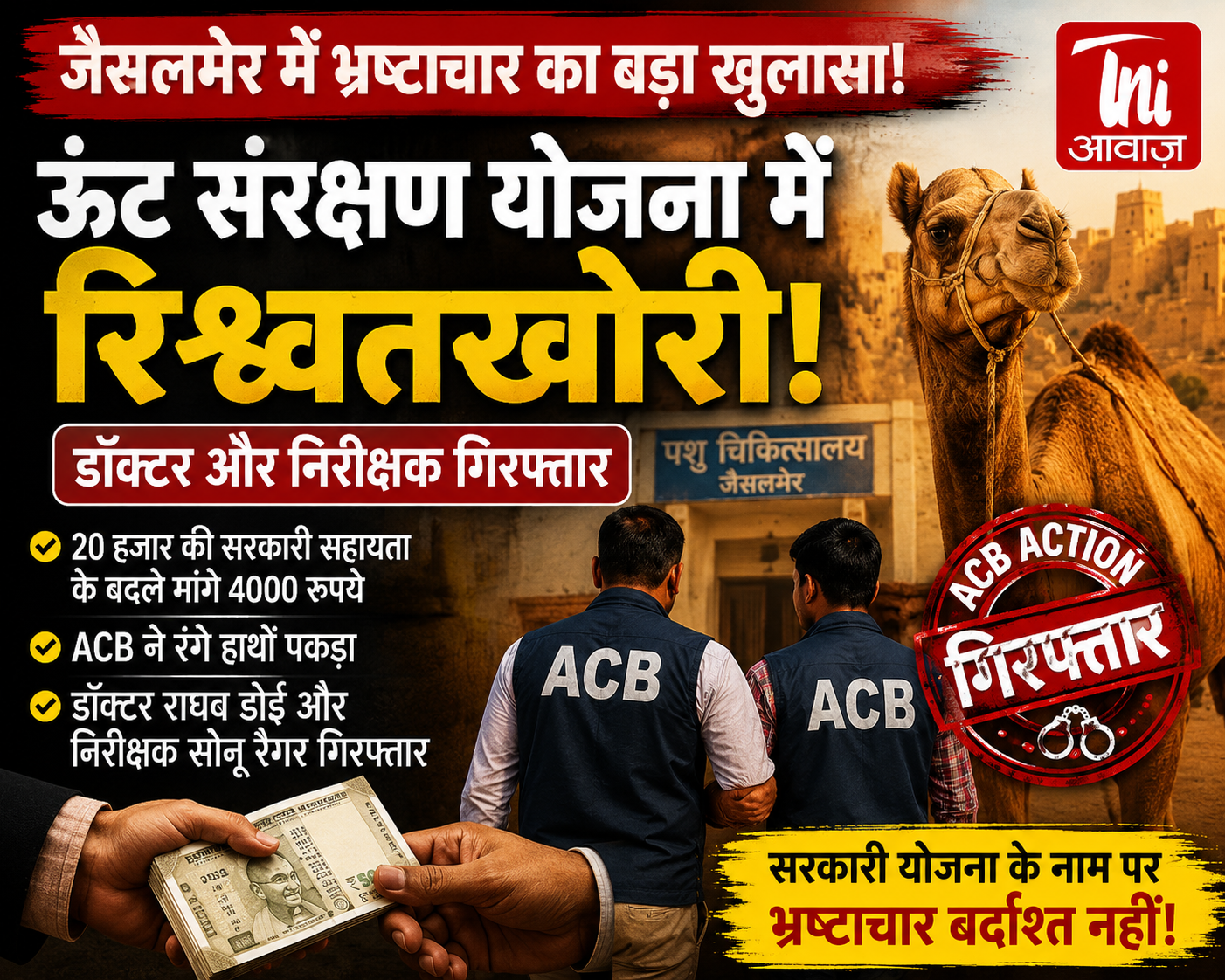 ऊंटनी की डिलीवरी के नाम पर घूस, जैसलमेर में ACB का बड़ा एक्शन
