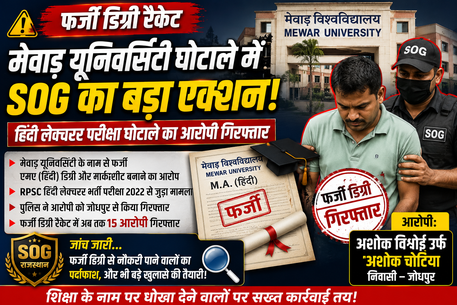 मेवाड़ यूनिवर्सिटी फर्जी डिग्री रैकेट में SOG का बड़ा एक्शन, हिंदी लेक्चरर भर्ती घोटाले का आरोपी गिरफ्तार 