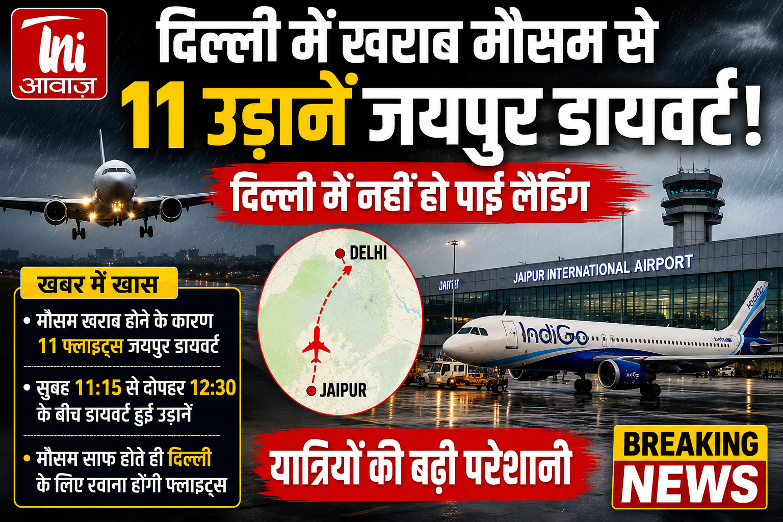 दिल्ली में खराब मौसम से हवाई यातायात प्रभावित, 11 उड़ानें जयपुर डायवर्ट, यात्रियों की बढ़ी परेशानी 