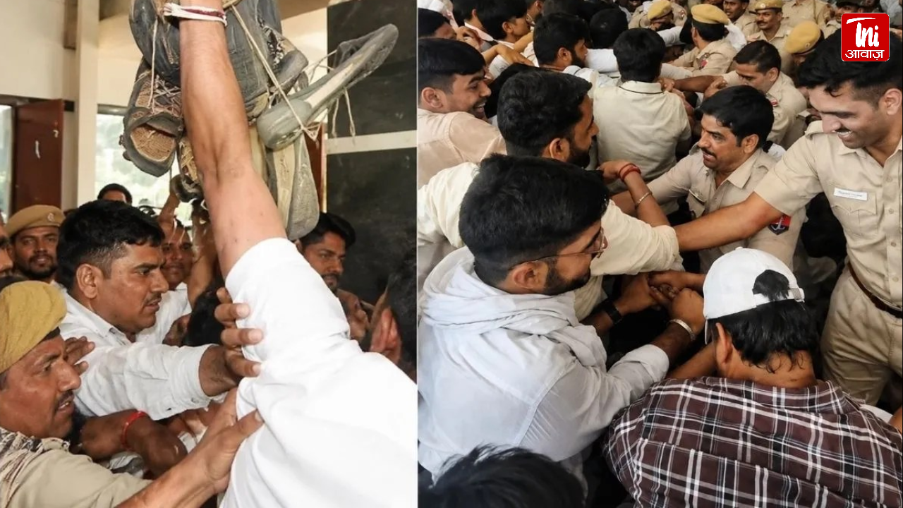 बीकानेर पीबीएम अस्पताल में एनएसयूआई का जोरदार प्रदर्शन, जूतों की माला लेकर अधीक्षक कार्यालय की ओर बढ़े छात्र