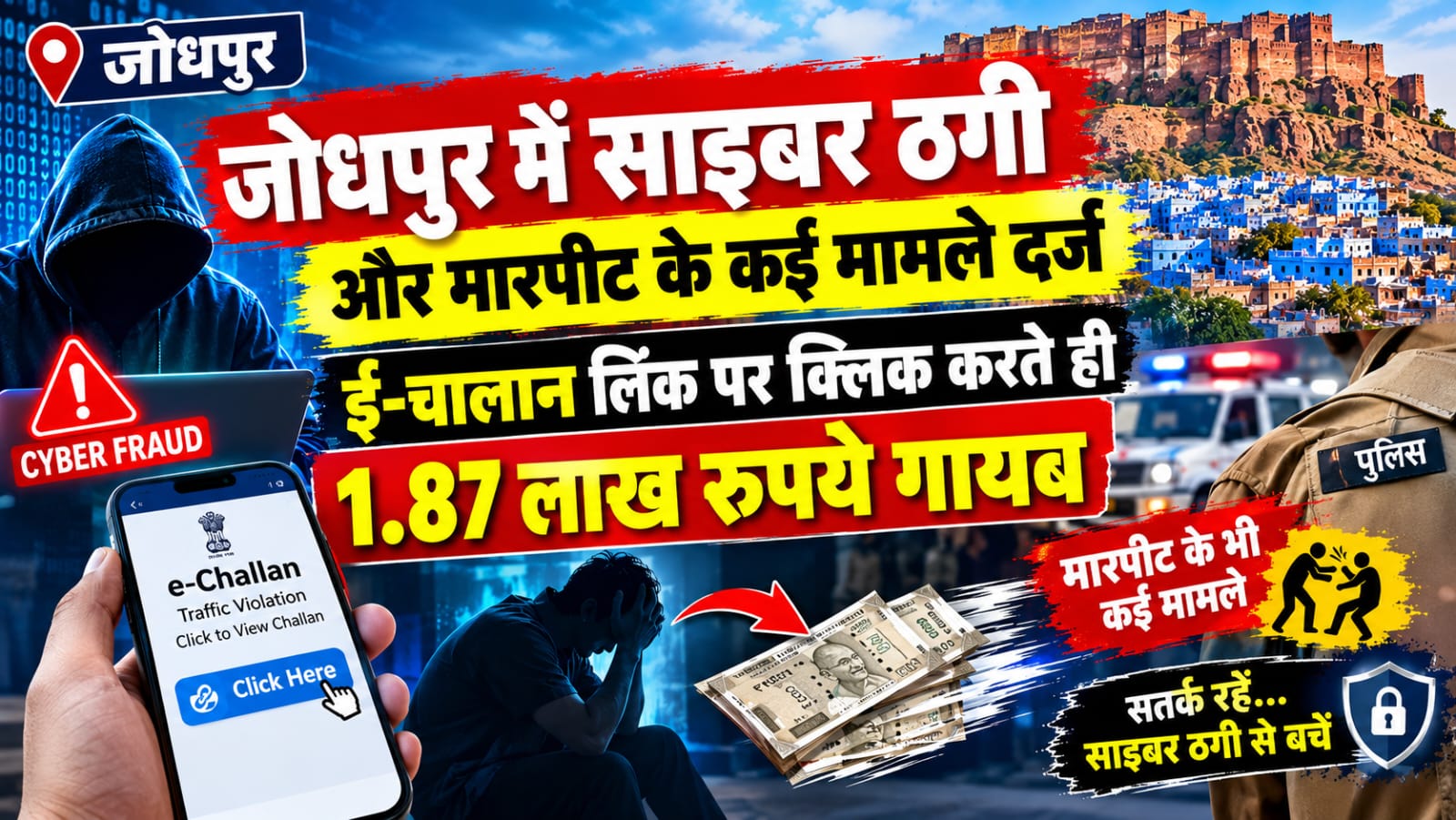 जोधपुर में साइबर ठगी और मारपीट के कई मामले दर्ज, ई-चालान लिंक पर क्लिक करते ही 1.87 लाख रुपये गायब