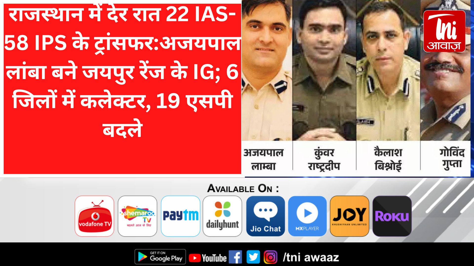 राजस्थान में देर रात 22 IAS-58 IPS के ट्रांसफर:अजयपाल लांबा बने जयपुर रेंज के IG; ​​​​​​​6​ जिलों में कलेक्टर, 19 एसपी बदले