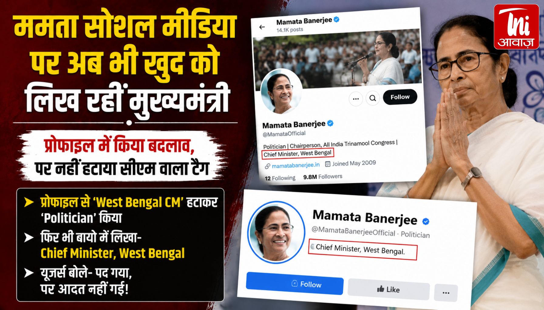 CM पद गया, लेकिन सोशल मीडिया पर अब भी ‘मुख्यमंत्री’! ममता बनर्जी के प्रोफाइल ने बढ़ाई सियासी हलचल