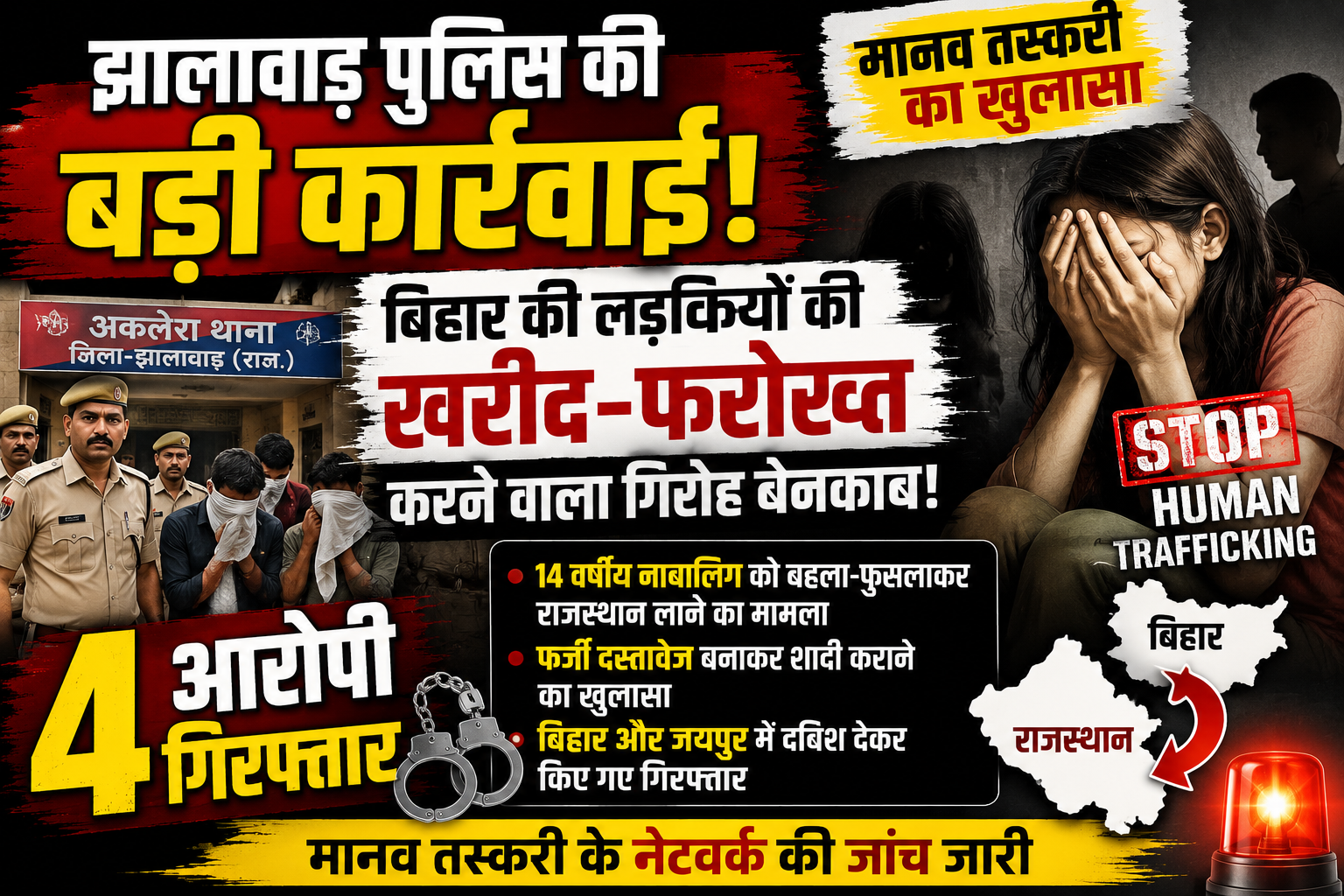 झालावाड़ पुलिस की बड़ी कार्रवाई: बिहार से नाबालिग लड़कियों की खरीद-फरोख्त करने वाले गिरोह का पर्दाफाश, 4 आरोपी गिरफ्तार