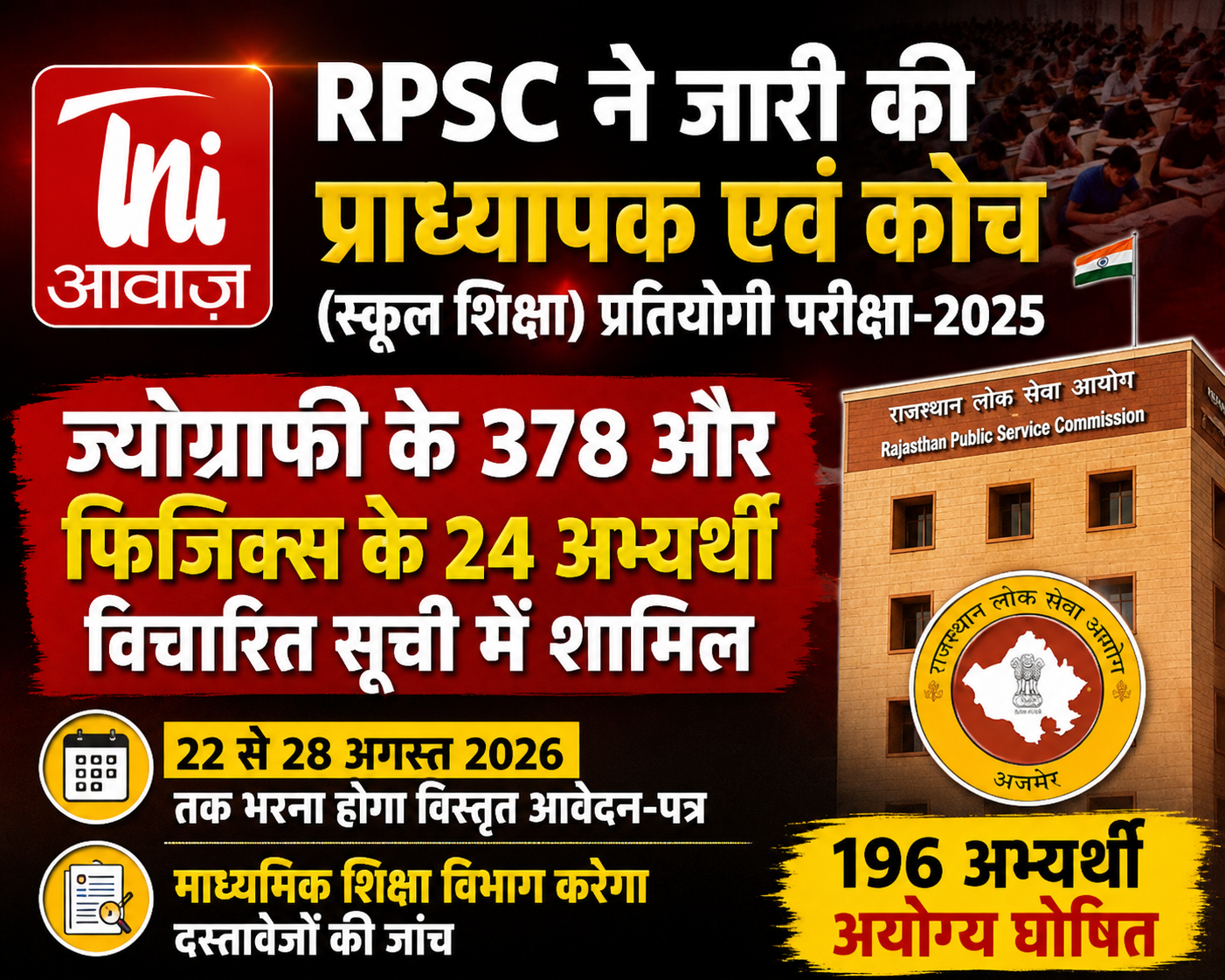 RPSC ने जारी की प्राध्यापक एवं कोच परीक्षा-2025 की विचारित सूची, ज्योग्राफी में 378 और फिजिक्स में 24 अभ्यर्थी शामिल