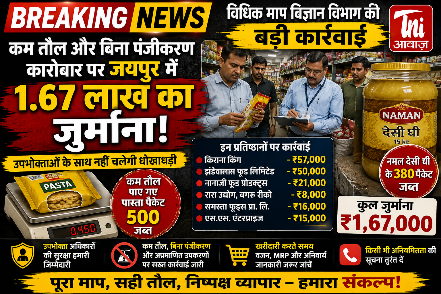 कम तौल और बिना पंजीकरण कारोबार पर बड़ी कार्रवाई, जयपुर में 1.67 लाख का जुर्माना