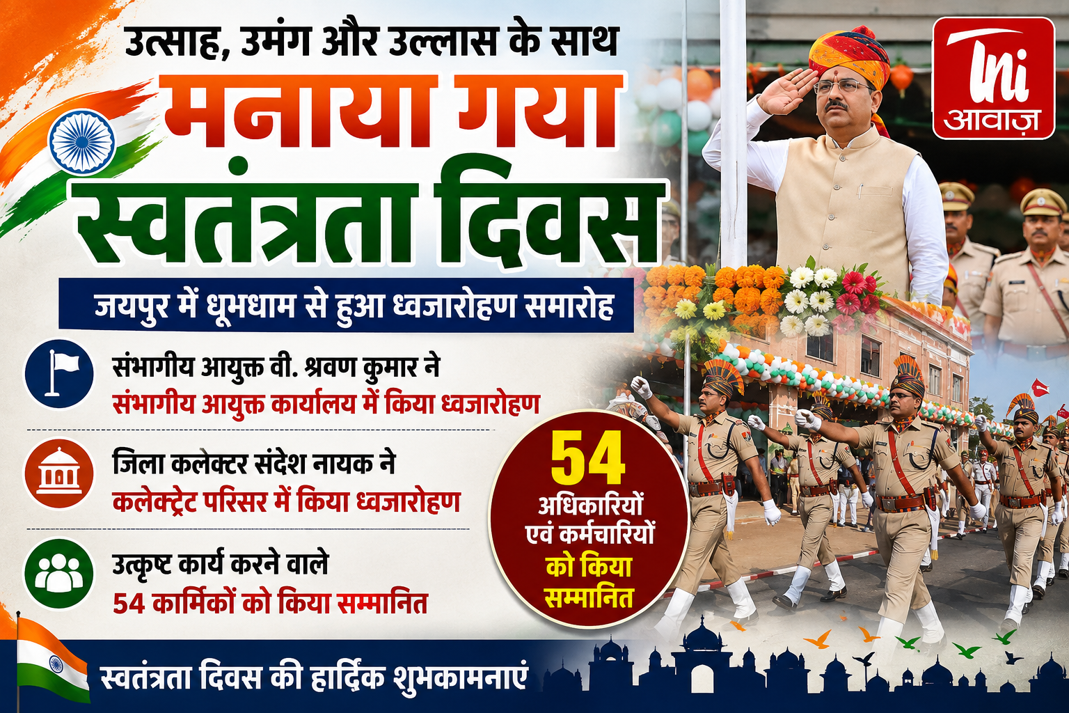 जयपुर में उत्साह और उल्लास के साथ मनाया गया स्वतंत्रता दिवस, 54 उत्कृष्ट कार्मिक सम्मानित
