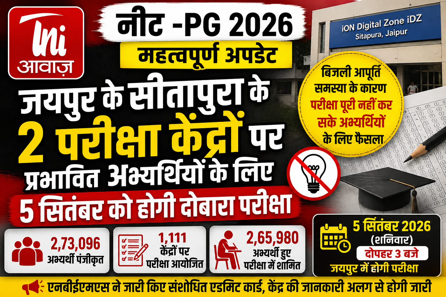NEET PG 2026: जयपुर के सीतापुरा के 2 केंद्रों पर प्रभावित अभ्यर्थियों की 5 सितंबर को होगी दोबारा परीक्षा