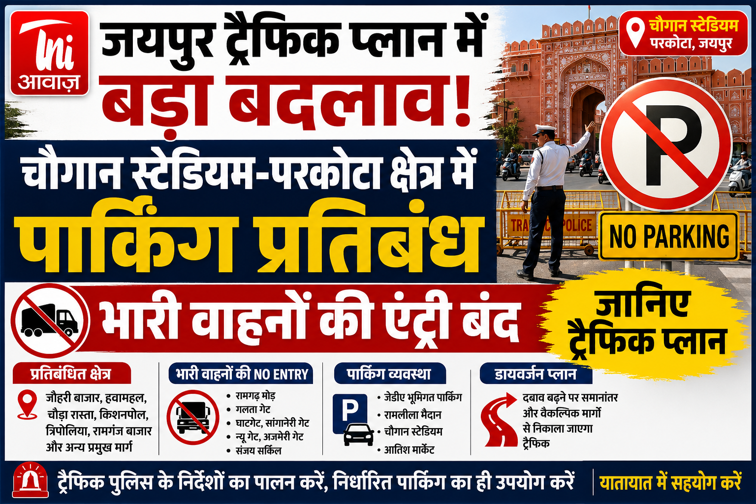 जयपुर में ट्रैफिक प्लान में बड़ा बदलाव, चौगान स्टेडियम-परकोटा क्षेत्र में पार्किंग पर रोक; भारी वाहनों की एंट्री बंद,
