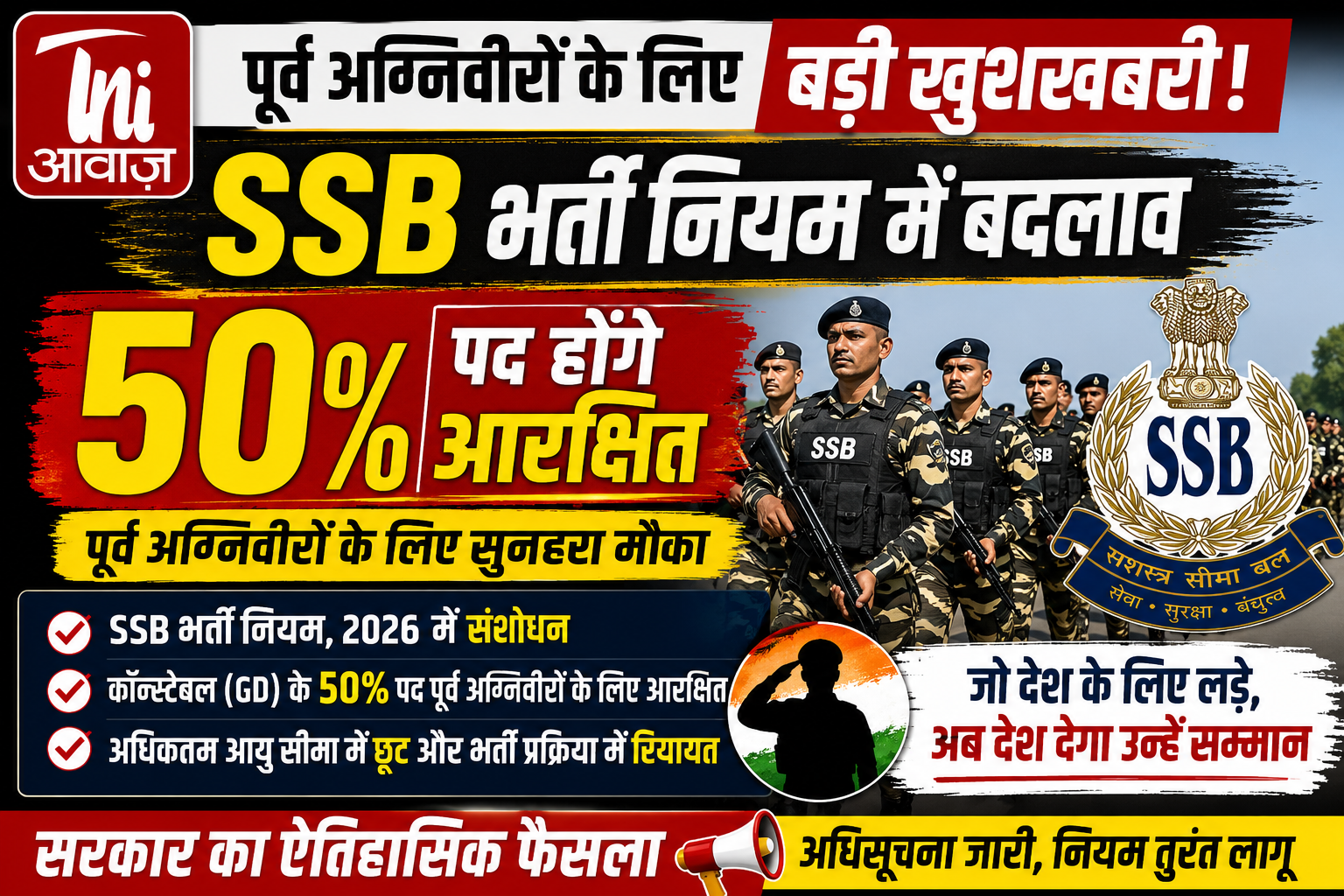 पूर्व अग्निवीरों के लिए बड़ी खुशखबरी, SSB भर्ती में 50% पद होंगे आरक्षित
