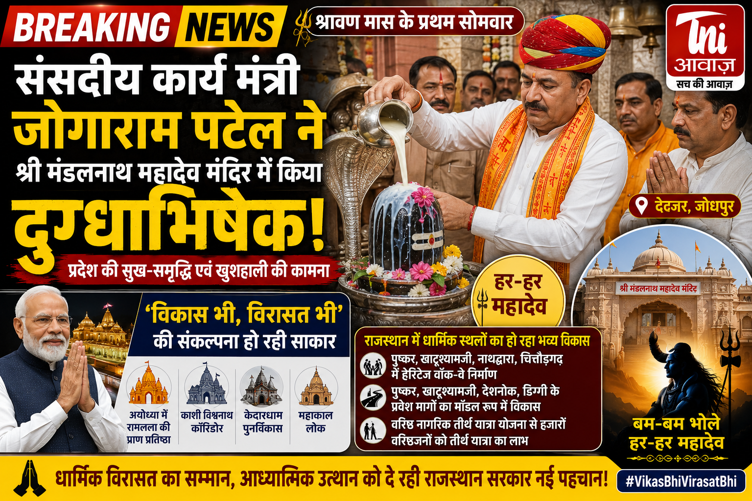 श्रावण के पहले सोमवार पर मंडलनाथ महादेव मंदिर पहुंचे संसदीय कार्य मंत्री, किया दुग्धाभिषेक; प्रदेश की सुख-समृद्धि की कामना