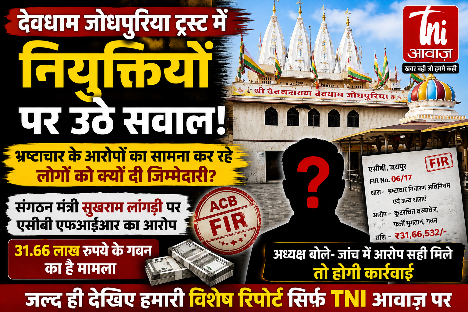 देवधाम जोधपुरिया ट्रस्ट में नियुक्तियों पर सवाल, संगठन मंत्री की पृष्ठभूमि को लेकर विवाद, एसीबी एफआईआर का हवाला देते हुए उठे सवाल, ट्रस्ट अध्यक्ष बोले—आरोप सही मिले तो होगी कार्रवाई